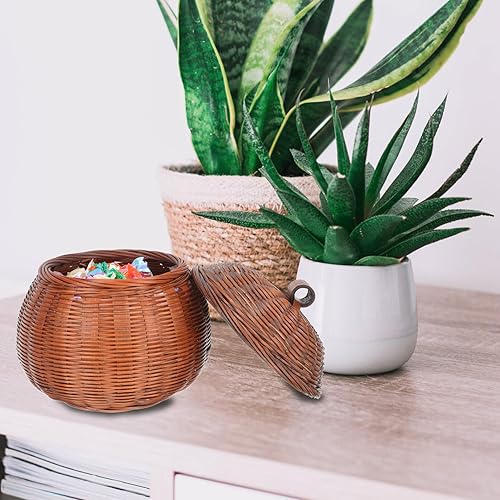 Miniatura 8 de Cabilock Mini cesta de almacenamiento de ratán cubo de basura con paja en forma de calabaza, cesta pequeña de mimbre con tapa, cestas redondas