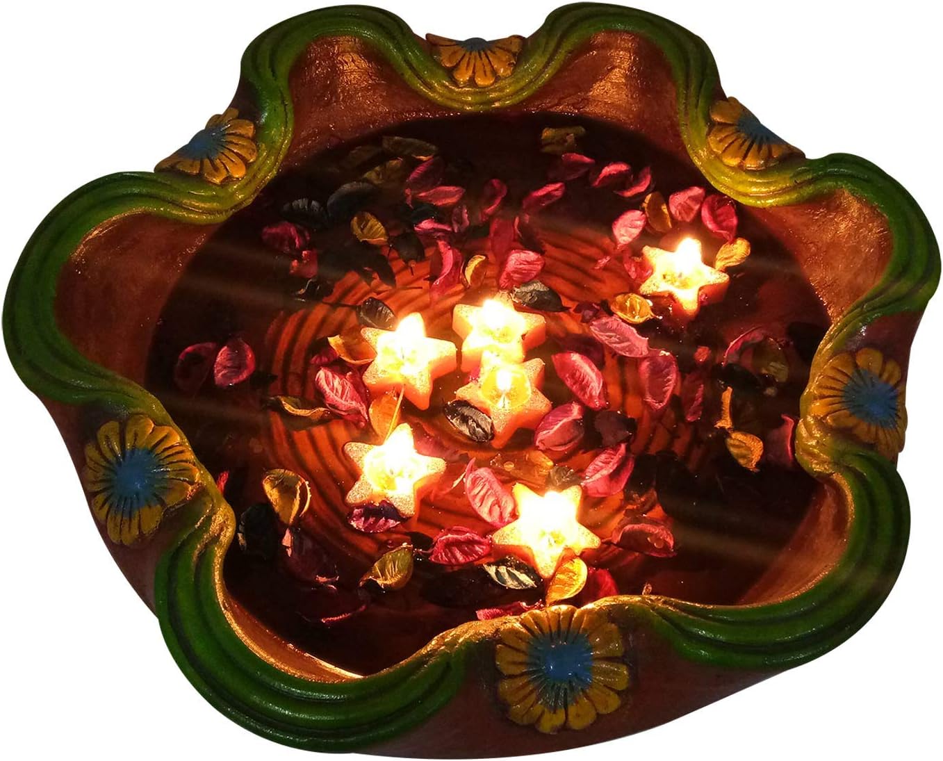 Christmas Handicraft Star Shape Floating Aroma Candles - Pack of 6, Big Terracota Hand Painted Decorative Bowl, Best Gifting Made by Awarded Indian Artisan