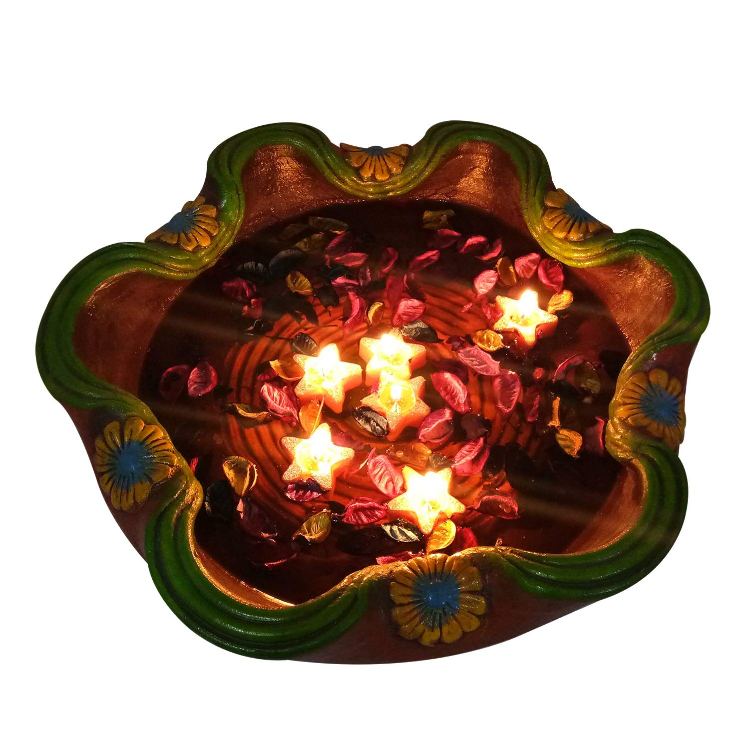 India Meets India Christmas Handicraft Star Shape Floating Aroma Candles - Pack of 6, Big Terracota Hand Painted Decorative Bowl, Best Gifting Made by Awarded Indian Artisan