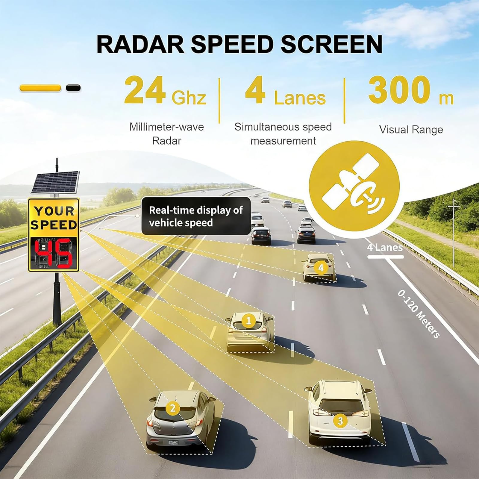 Señal de velocidad con radar alimentado por energía solar: pantalla LED de límite de velocidad de 24x35, detector de aluminio con control remoto para una mayor seguridad vial.