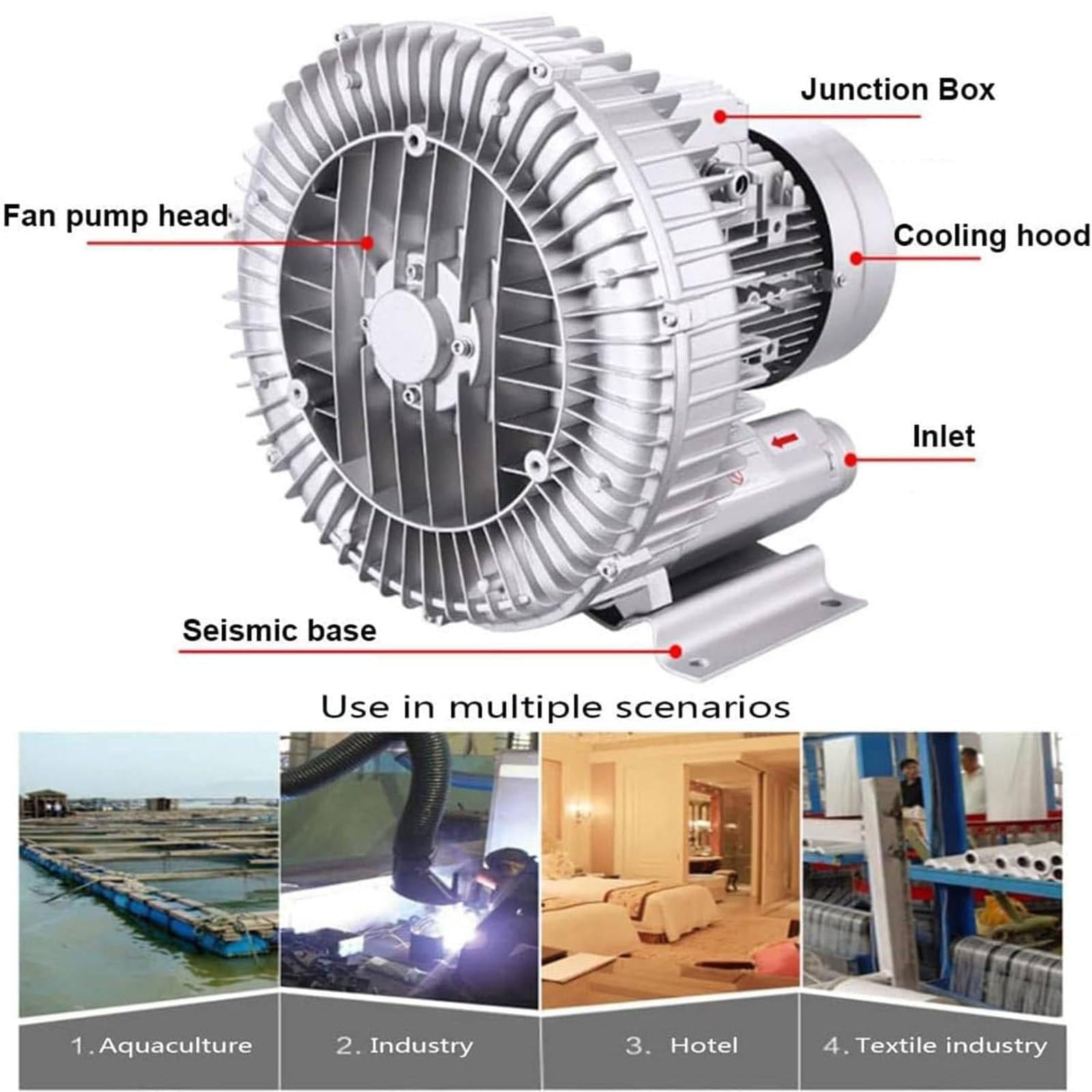 Genérico Soplador regenerativo de Alta presión - Bomba de Anillo de vórtice de 120 W para vacío Industrial, soplado y succión de Aire, Ideal para aireación de Aguas residuales y estanques de Peces de