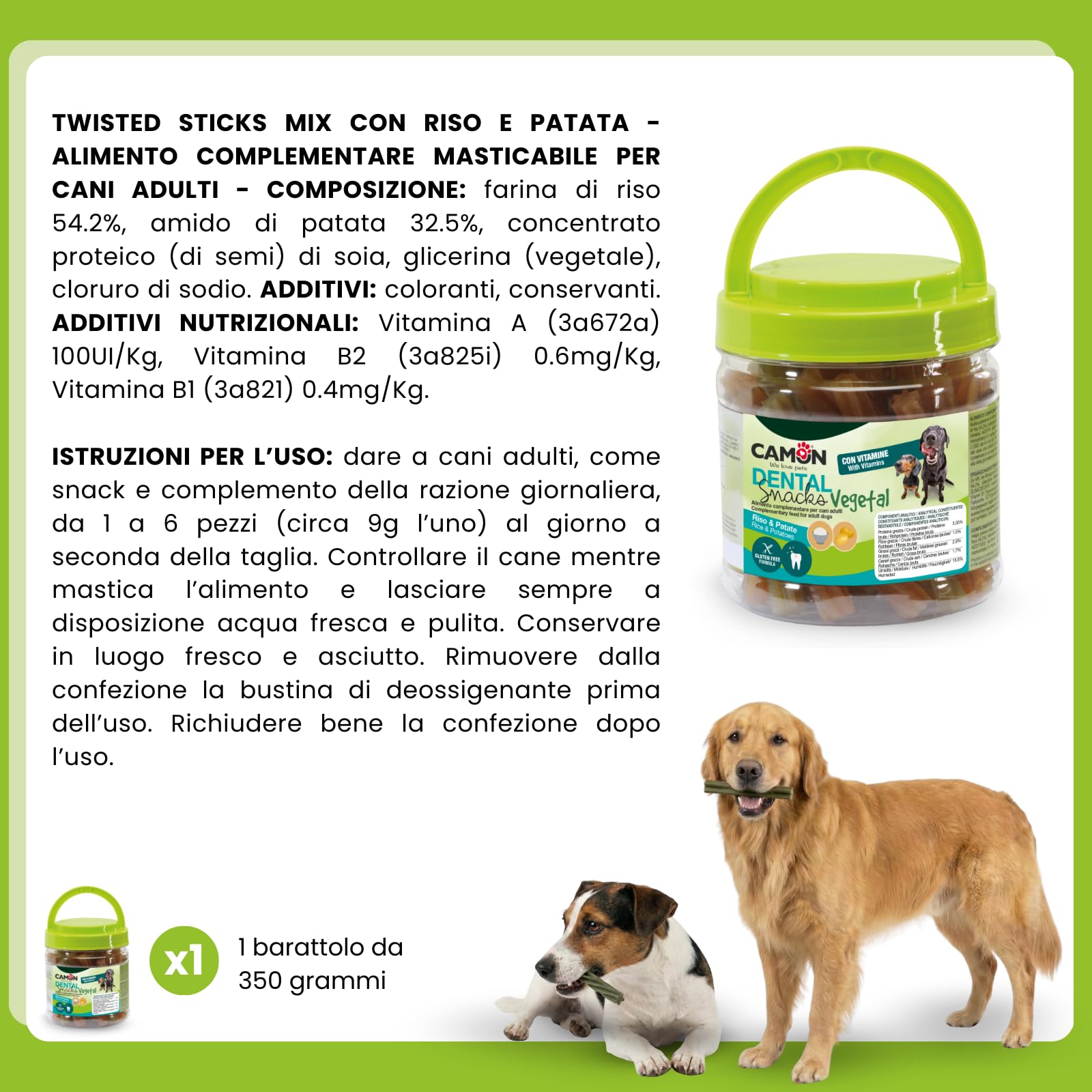 CAMON Dental Snacks Vegetal - Twisted Sticks Mix con Riso, Patate e Vitamine Aggiunte - Snack Vegetale per Cani Adulti - Bastoncini 10cm - Gluten Free Formula - 350g