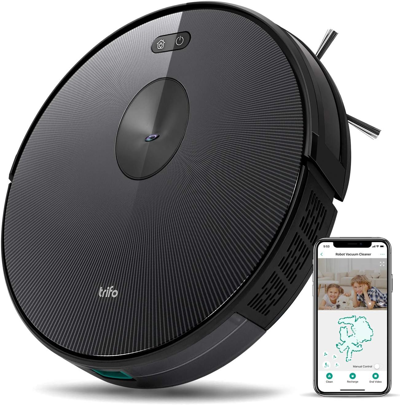 Trifo H6 Robot Vacuum Cleaner with Visual Navigation Camera, Wi-Fi, Remote App Controls, Robotic Mapping, 1800Pa Suction, Self-Charge, Quiet, Ideal for Pet Hair, Low-Pile Carpet, Hard Floor, Bla