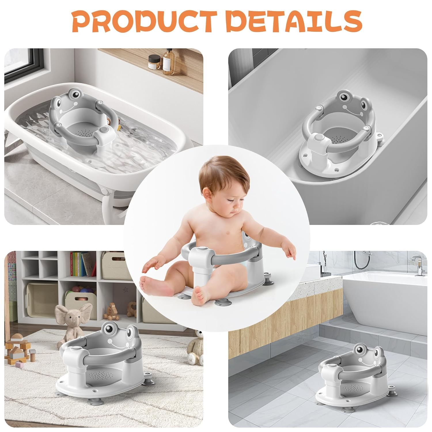 Asiento de Baño para Bebé 6-24 Meses, Silla Baño Bebe con 4 Fuertes Ventosas, silla de baño portátil para ducha o bañera, Respaldo Ergonómico, Regalo para Recién Nacidos y Nuevas Madres