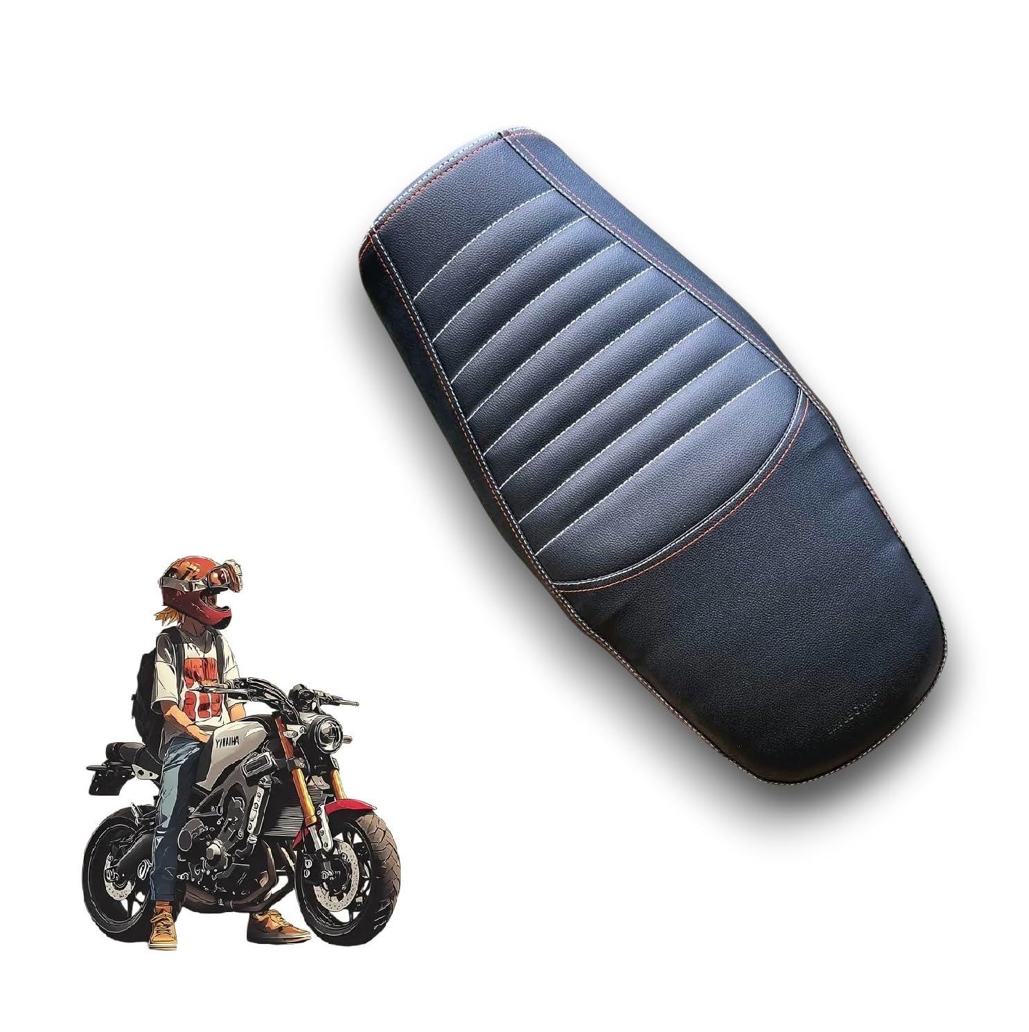 XSR 155 Bike SEAT Cover,Soft PU Leather,Ready to FIT,Rope PROVIDED,Colour Black,10 mm Cushion Foam.Quality and Fitting Tested,Dual Orange Black Stitch-image-8