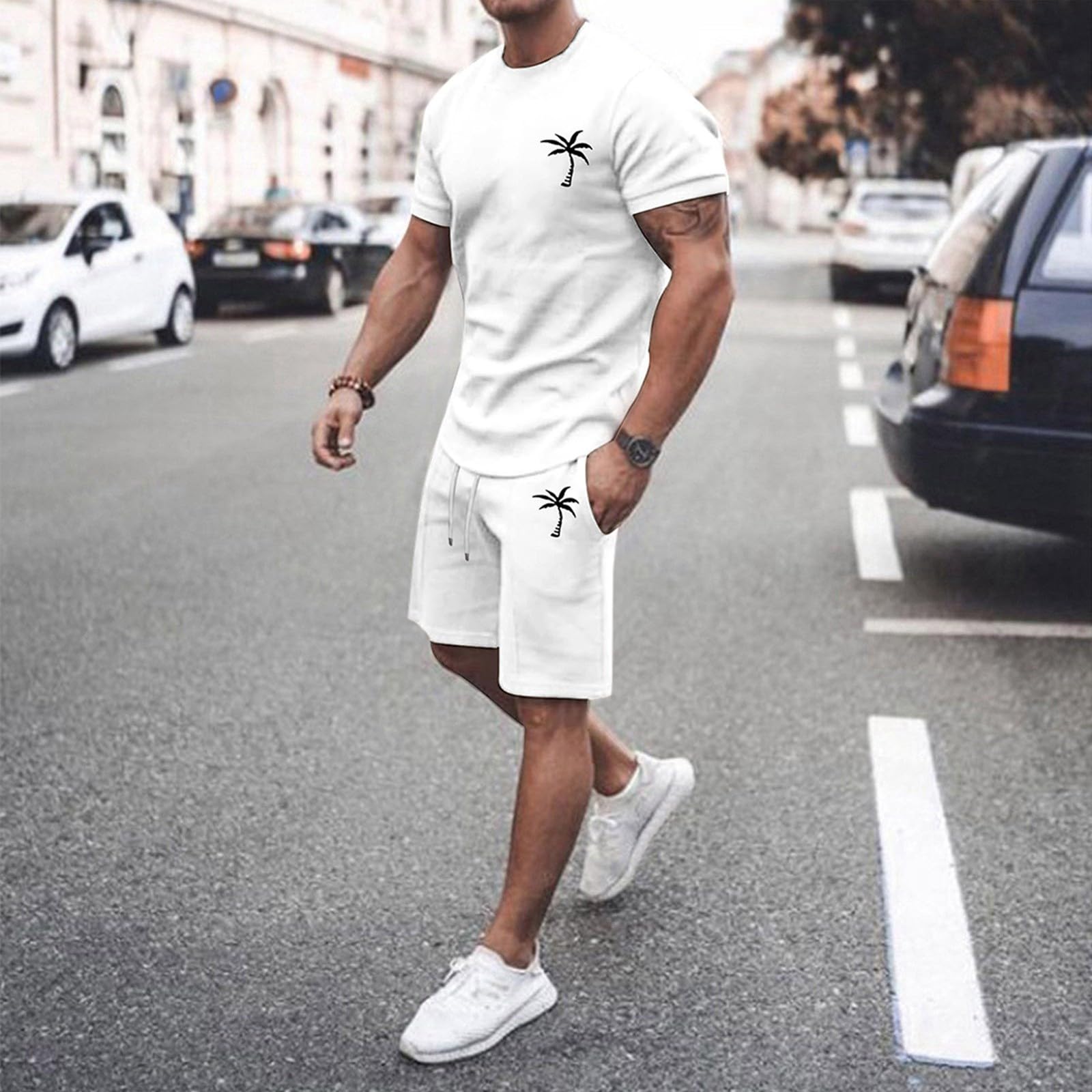 Genérico Chándal Hombre 2 Piezas Verano 2026 Conjunto Deportivo Camiseta Manga Corta Estampado de Palmeras Pantalones Cortos Transpirable Cómodo Traje Casual para Jogging y Ocio