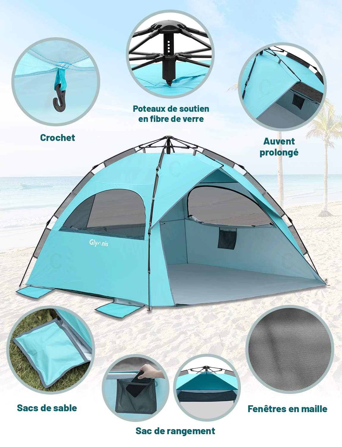 Tente De Plage Glymnis Pop-up - Protection UV 50+ 1-4 Personnes