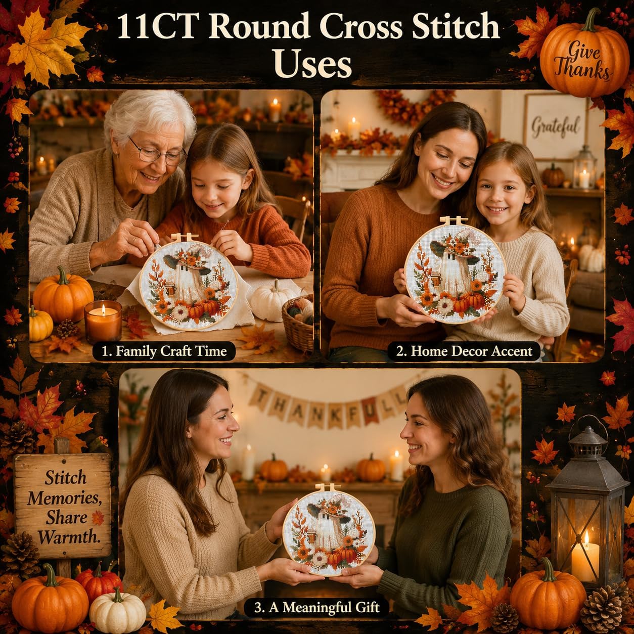 VIGEGU Ghost Cross Stitch Kits for Adults Beginners,Halloween Stamped Cross Stitch Kits with Framed,Fall Ghost Pumpkin Embroidery Kit for Beginners,Partial 11CT Cross-Stitch Arts and Crafts 8x8 inch