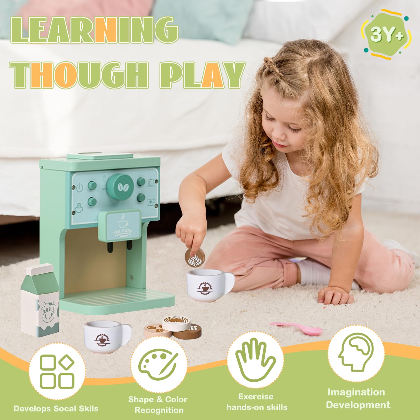 Kids Wooden Coffee Maker Toy Montessori Pretend Play Food Kitchen Accessories,Play Coffee Maker Set for Kids,Espresso Machine Playset Montessori Kitchen Toy for 3 4 5 Year Old Girls&Boys(14 Pcs)