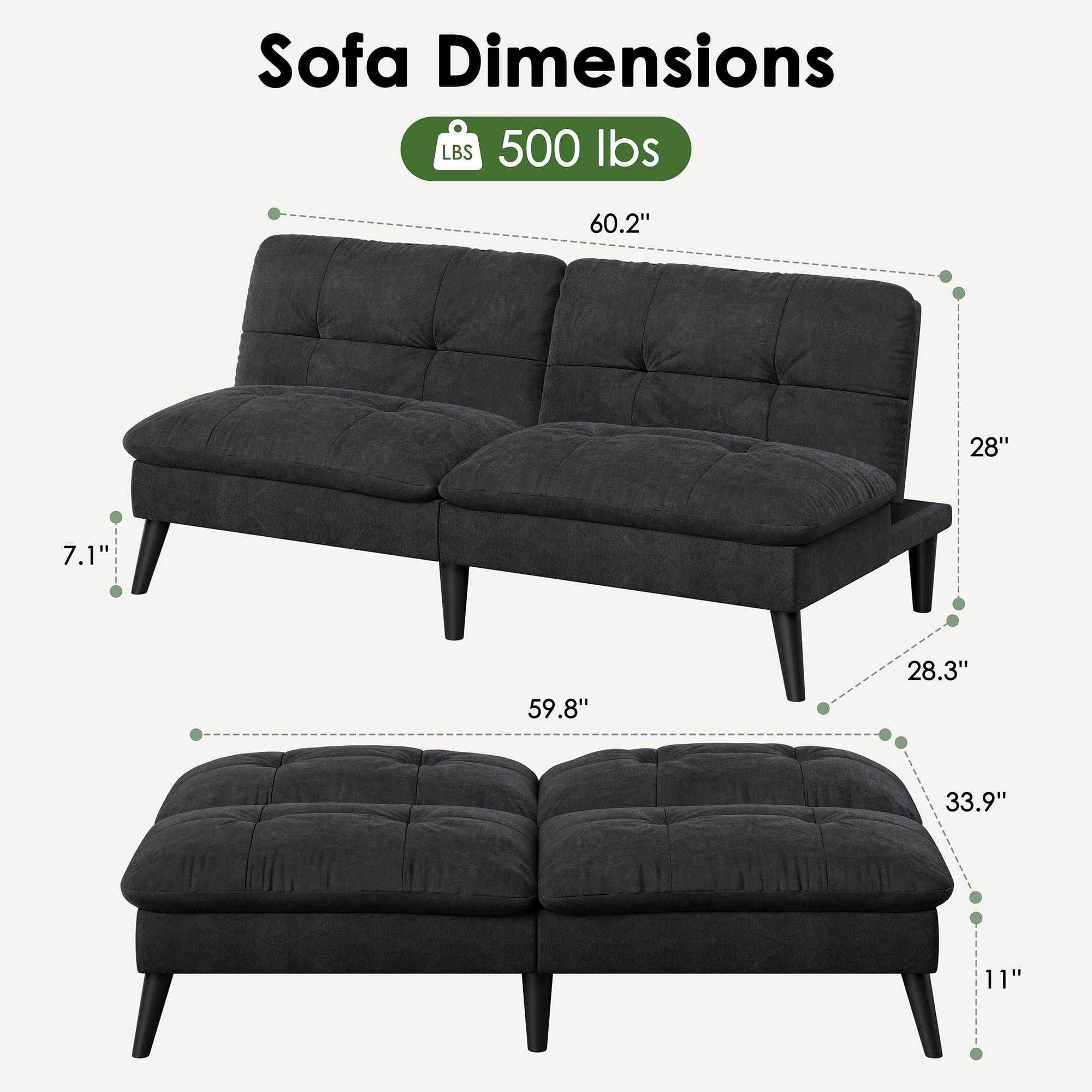 Vongrasig Futon Sofa Bed Velvet Futon Couch with Adjustable Backrest, Small Convertible Folding Sleeper Sofa Bed, Modern Loveseat for Living Room, Bedroom and Small Space, (Black)