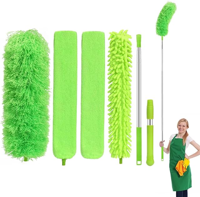 6PCs Feather Duster For Cleaning,Extendable Feather Dusterwith 30-100 inch Telescopic Extension Pole,Detachable Bendable & Washable Duster for Blinds,Ceiling Fan,Cobweb