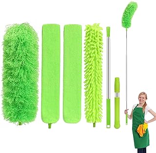 6PCs Feather Duster For Cleaning,Extendable Feather Dusterwith 30-100 inch Telescopic Extension Pole,Detachable Bendable & Washable Duster for Blinds,Ceiling Fan,Cobweb