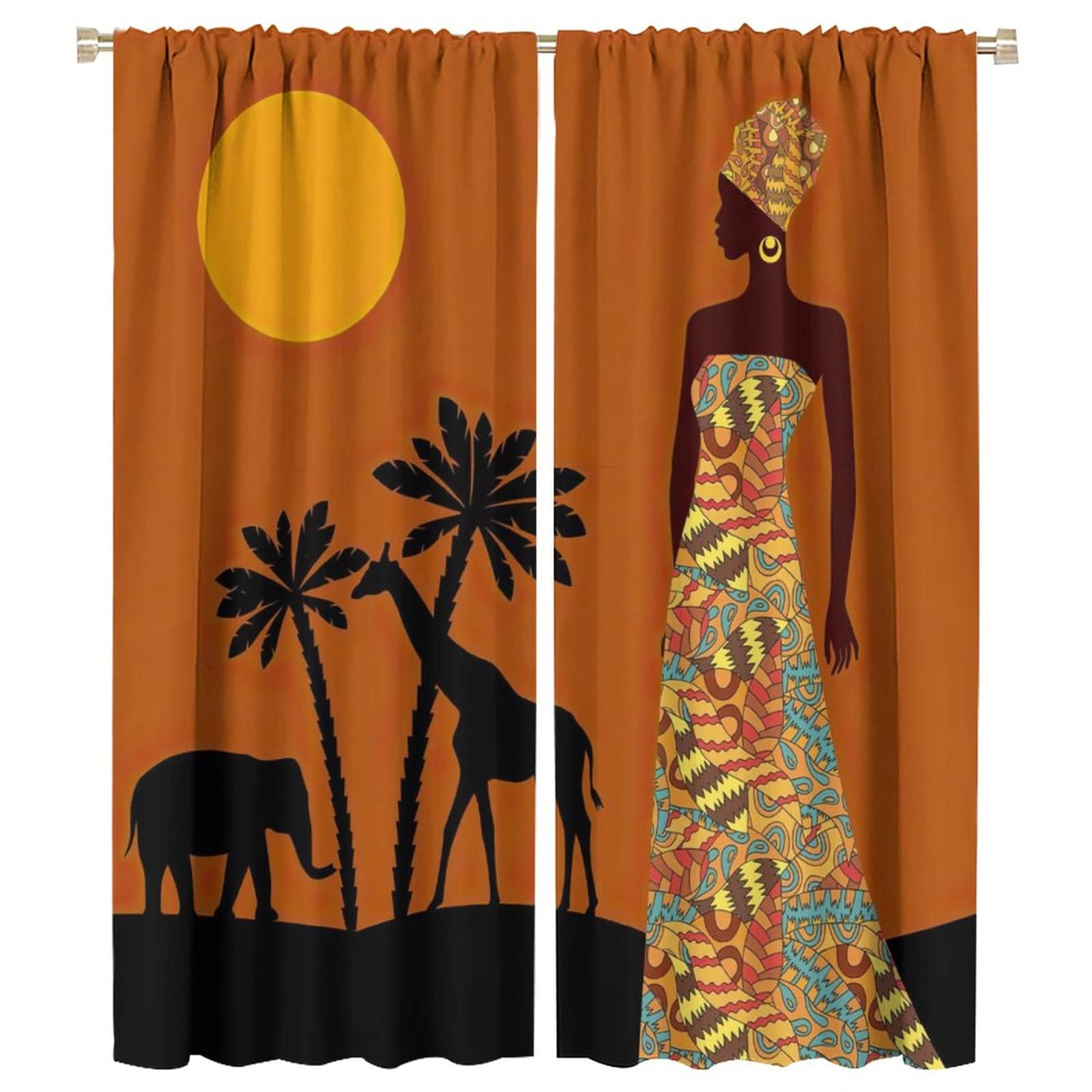 JESTRONRY Black Girl Curtains for Living Room,African Woman Window Treatments Kids Bedroom Curtain,Tropical Landscape Style Home Decor Blackout Drapes W42xL54in
