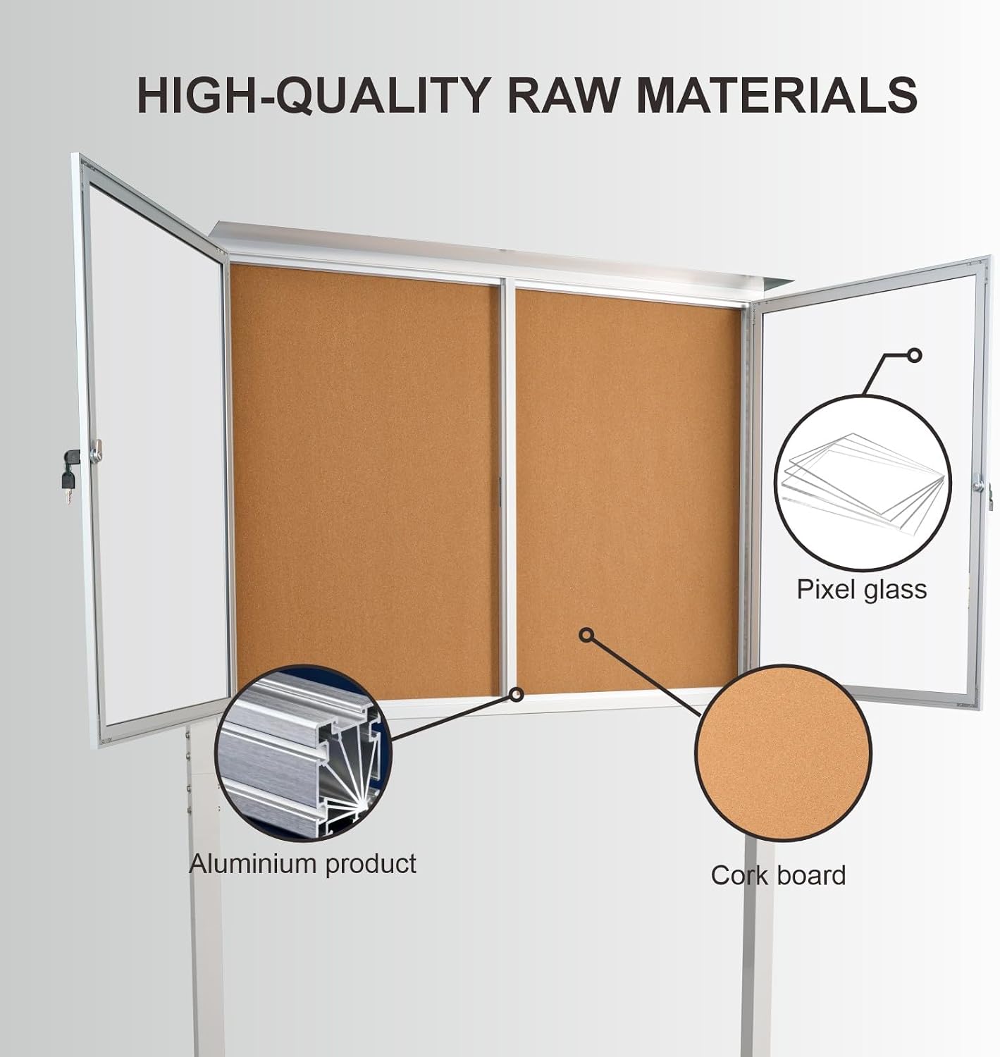 Standing Enclosed Bulletin Board 36”x48” Weather-Resistant Outdoor Noticeboard with Locking Doors，Community Sign with Metal Pole & Silver Aluminum Frame & Cork Presentation Board