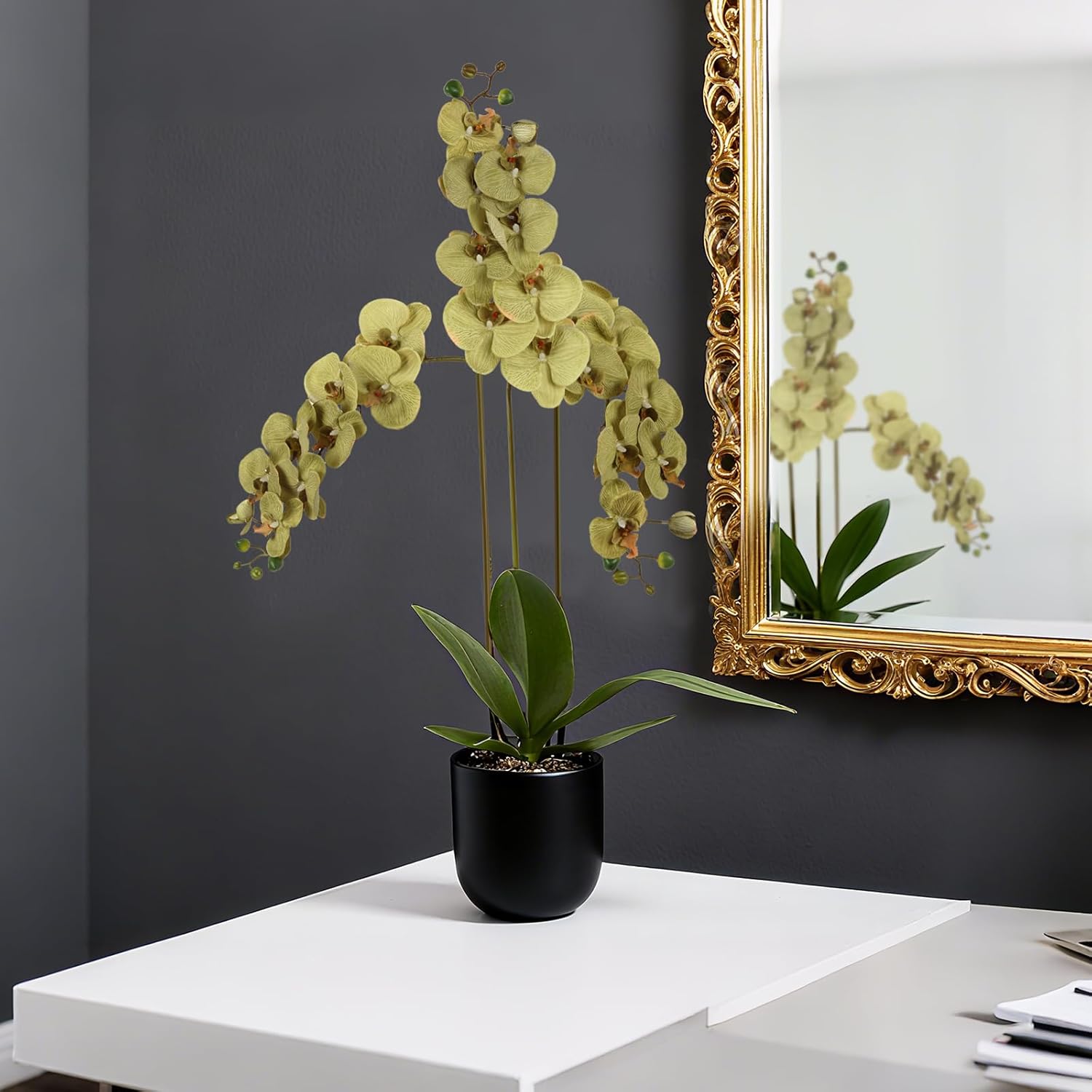 IPOPU 40.16" Green Orchid Artificial Flowers Fake Orchids 5PCS Real Touch Silk Orchid Artificial Flowers with Long Stem for Tall Vase for Bridal Shower Home Party Wedding Decoration (Green) - Image 4