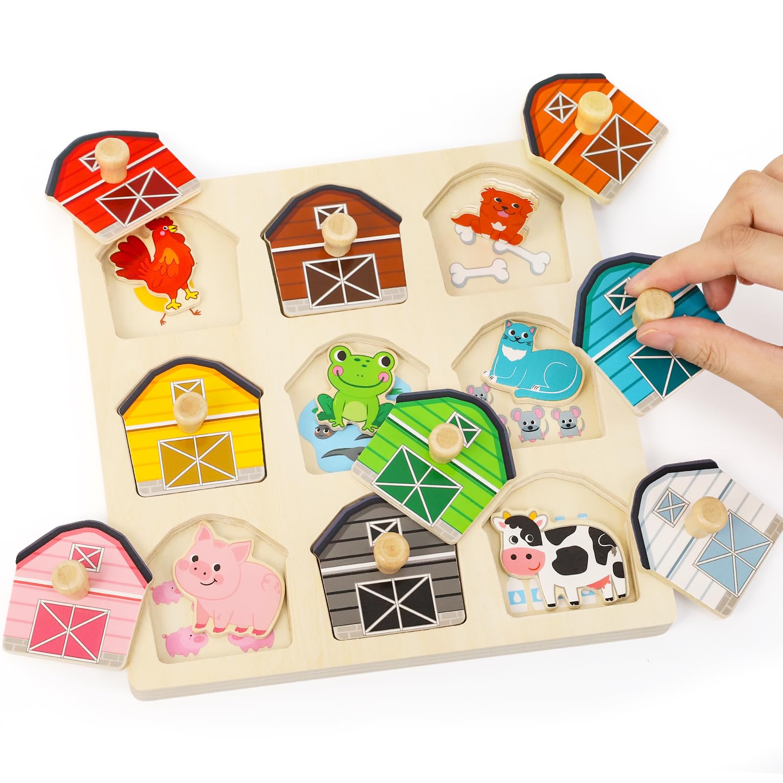 Puzzle de Madera a Partir de 1 Año, Juguetes Montessori Rompecabezas de Madera con Animales de Granja, Juegos Educativos de Clasificación para Niños y Niñas, Juguete para Habilidades Motoras