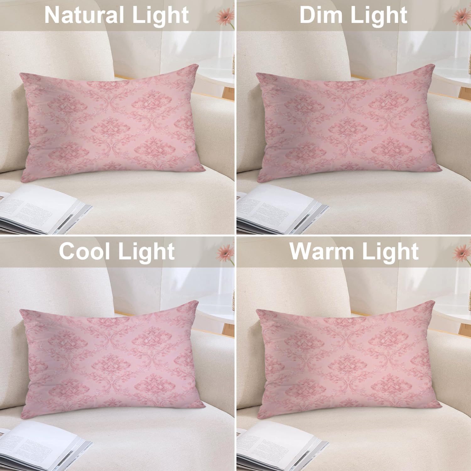 Batmerry Pink Classic Floral Throw Pillow Covers, Pink Chic Elegant Damask Floral Decorative Pillow Covers Digital Printing Blended Fabric for Couch Sofa Bed Invisible Zipper 12X20 in(Set of 2)