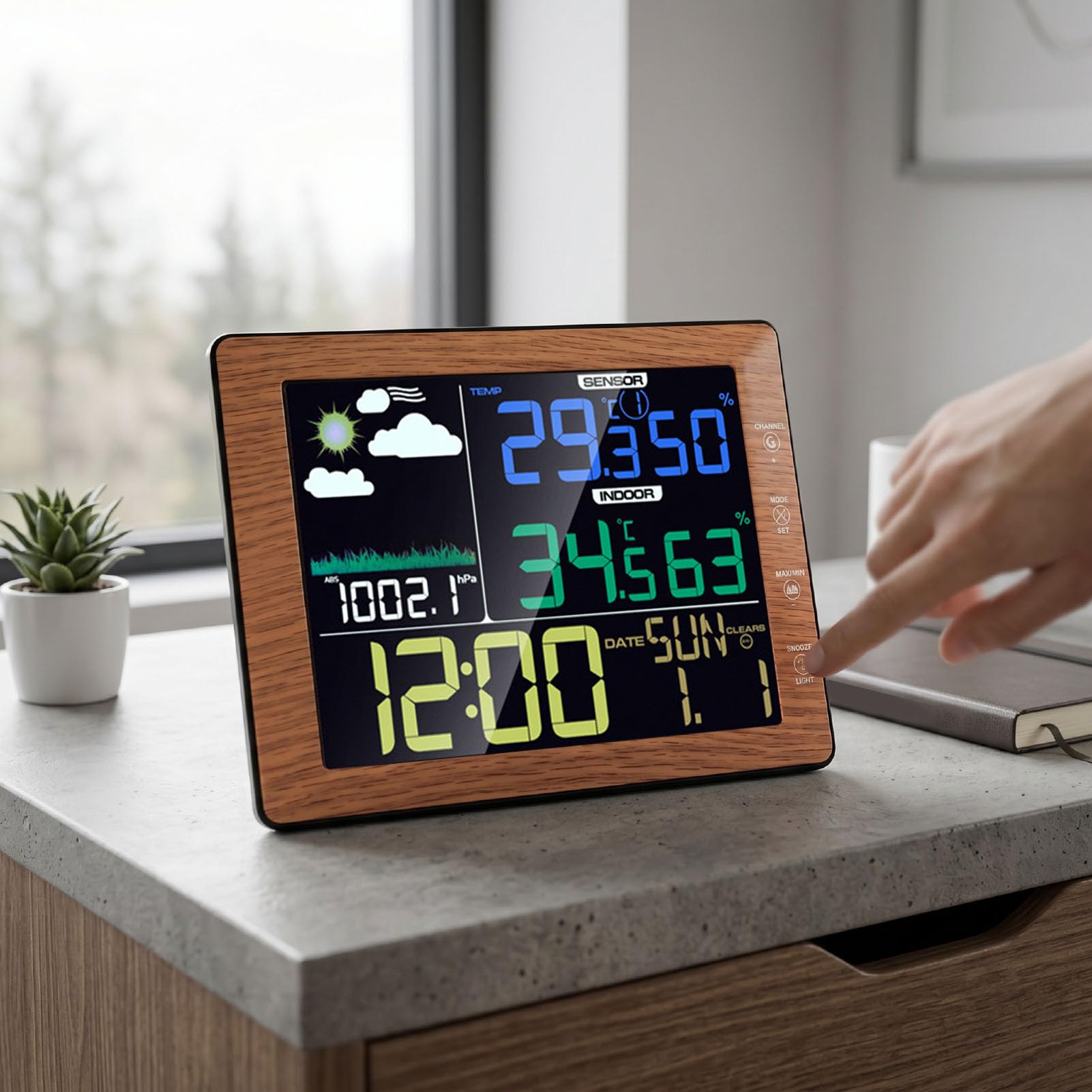Wettervorhersagestation, Kabelloses Thermometer | Sprachgesteuerte Hintergrundbeleuchtung, 3 Helligkeitsstufen, Smart Night View, Wecker