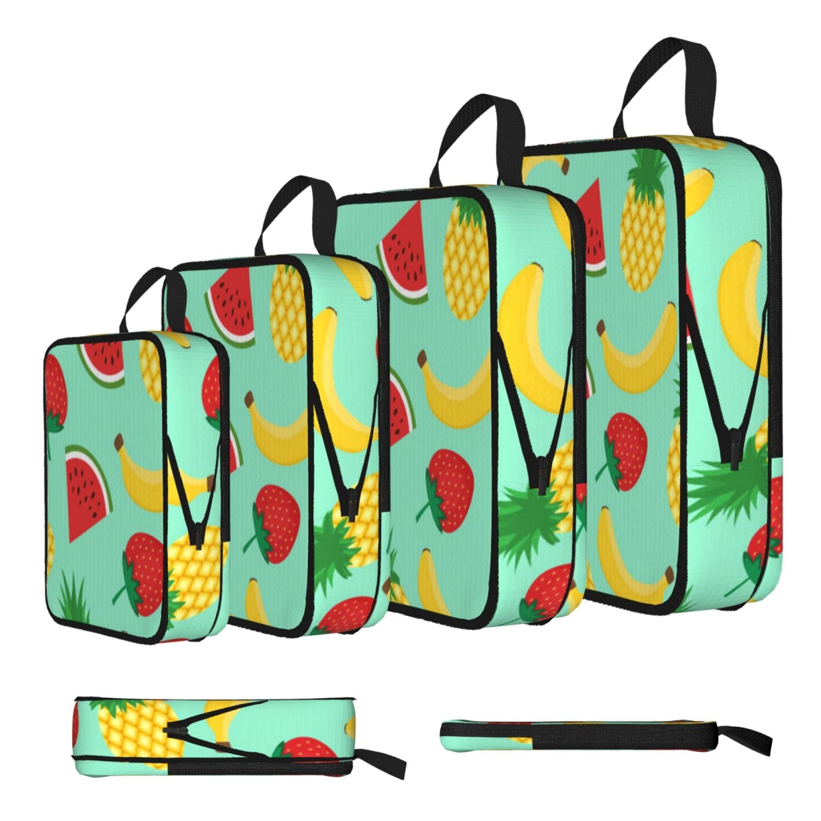 Banana Strawberry Pineapple Print Compression Packing Cubes 4-Piece Set With Multi- Compartment Travel Bag, Waterproof Suitcase Organiser Bags