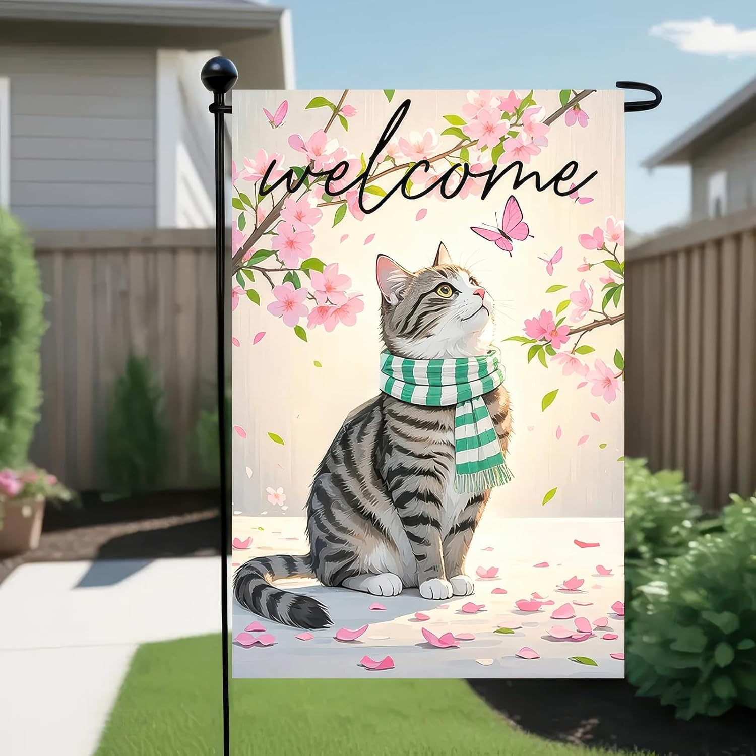 Welcome Spring Garden Flag 12x18 Inch Double Sided Cat Cherry Blossoms Seasonal Small Flags For Outside Outdoor Decor Yard Farmhouse Holiday Spring Summer Decorations Yard Flags - Image 7