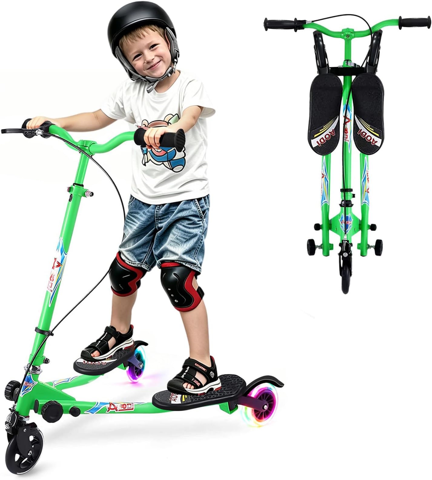 Swing Scooter for Kids, 3 Wheels Foldable Wiggle Kick Scooter Push Drifting with 4 Adjustable Handlebar & 2 Rear LED Wheel for Boys and Girls Ages 3-8