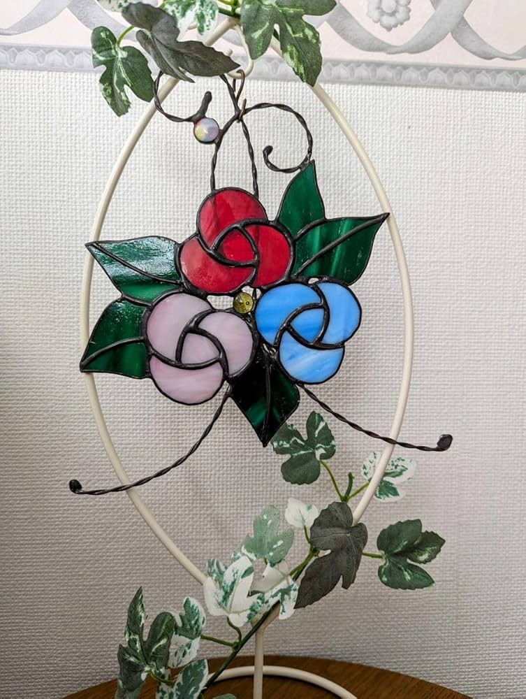 ステンドグラスパネル 薔薇 サンキャッチャー 赤い薔薇のステンドグラスパネル☆アンティーク風レッドローズ