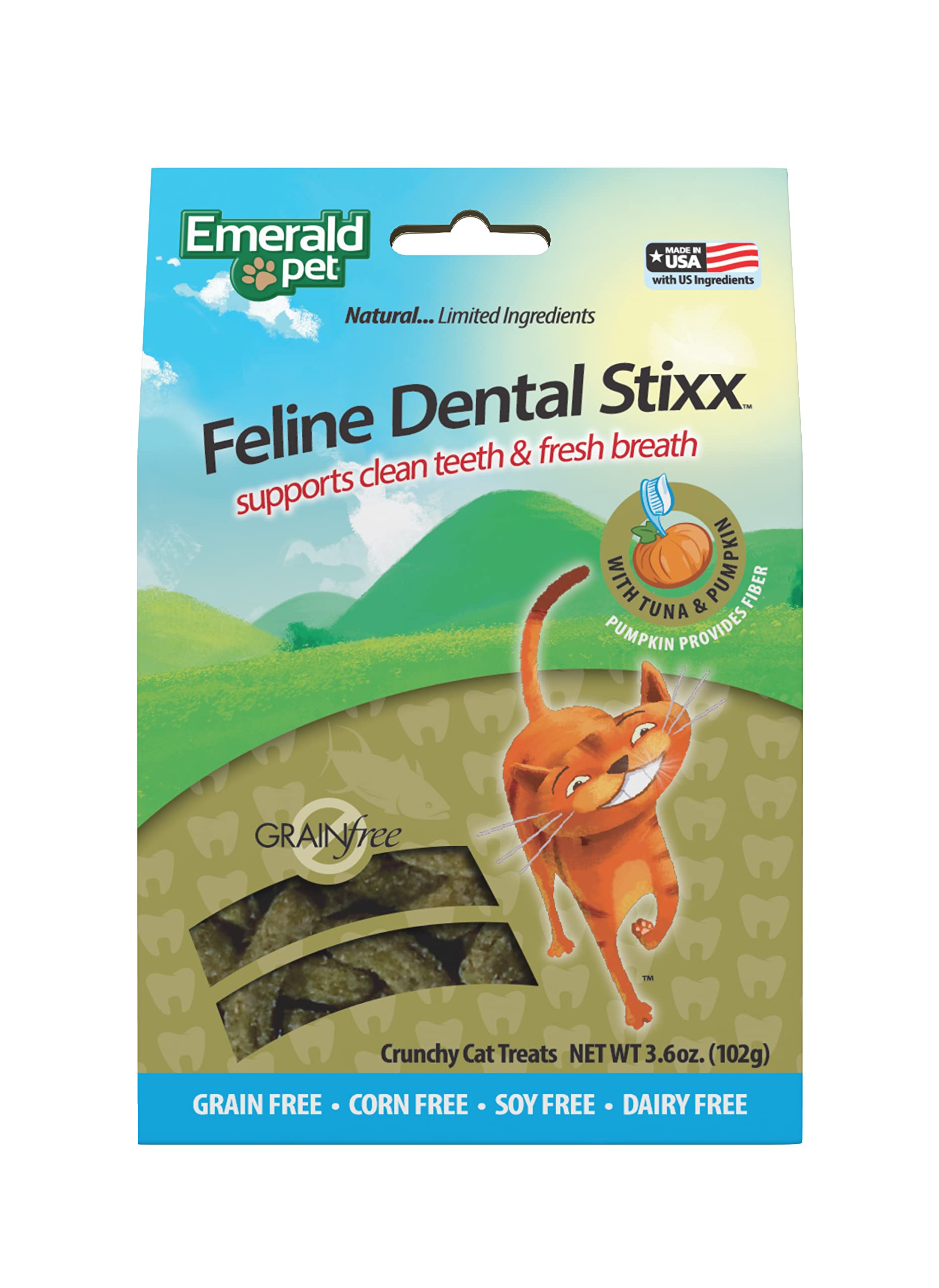 Emerald Pet Feline Dental Stixx — Tasty and Crunchy Cat Sticks with Pumpkin for Digestive Health — Natural Grain Free Treats for Clean Teeth and Fresh Breath — Tuna, 3.6 oz