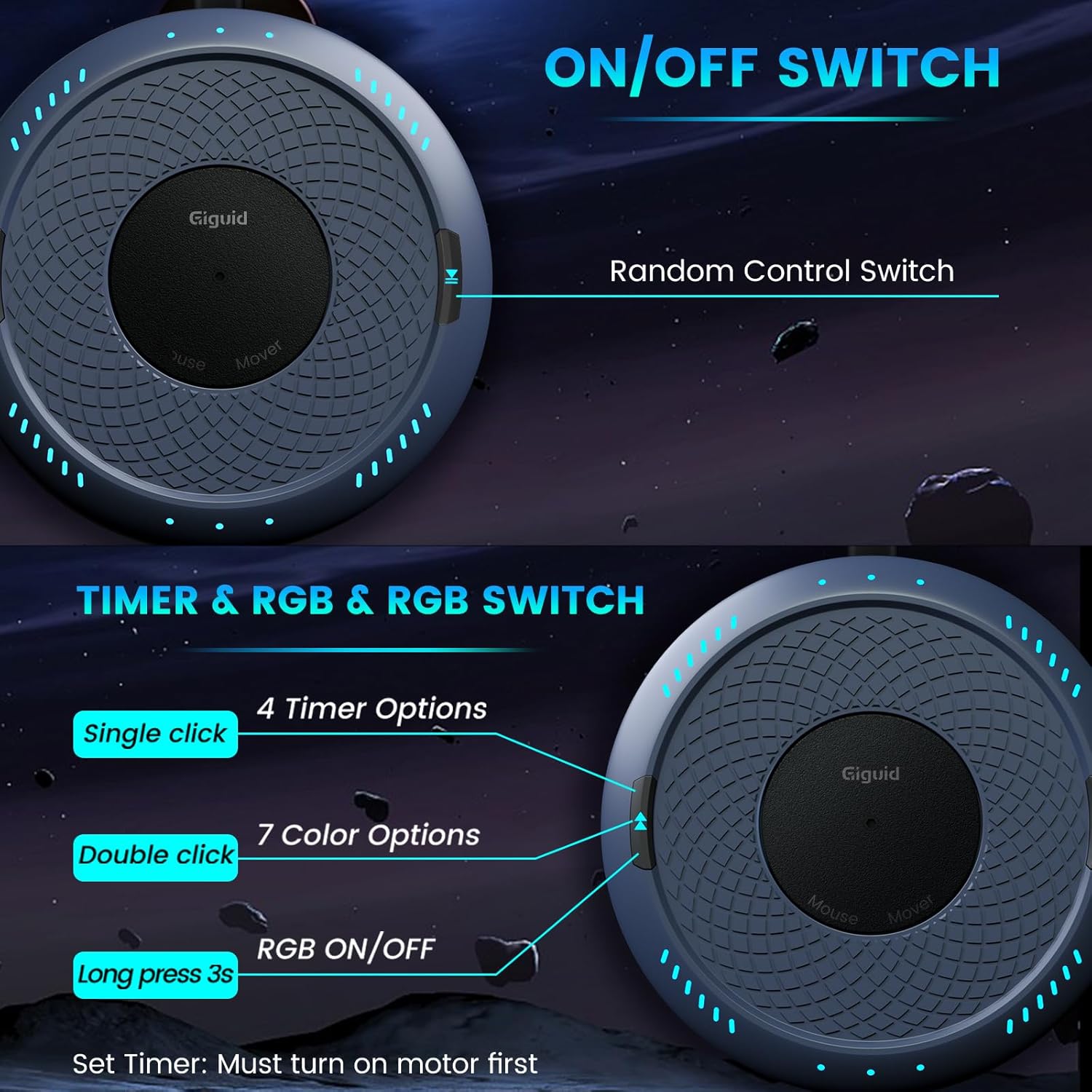 Close-up of the Giguid Mouse Mover showing the ON/OFF switch and Random Control Switch.