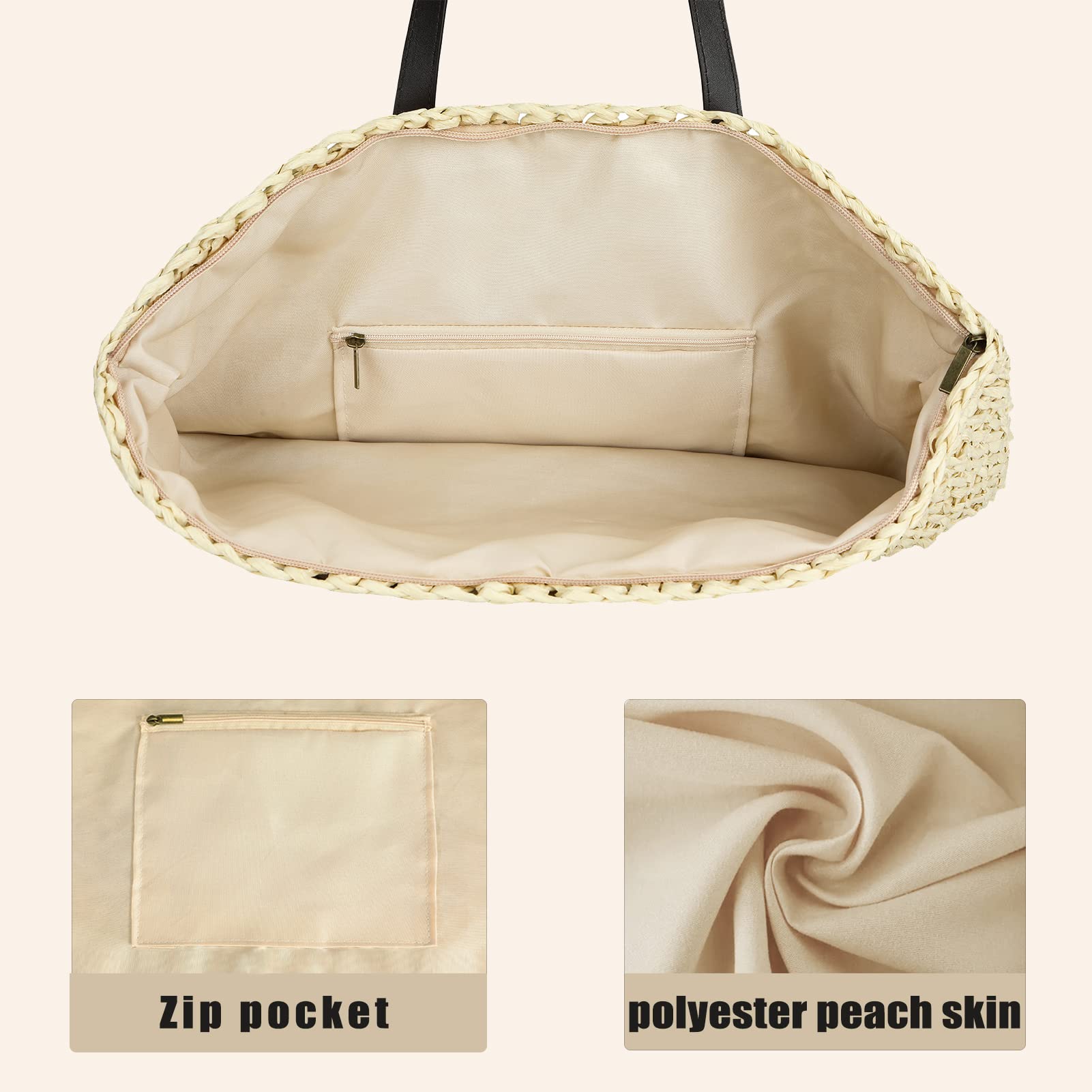 VODIU Women's Handmade Straw Woven Tote Bag,Large Zip Beach Woven Handbag for Summer