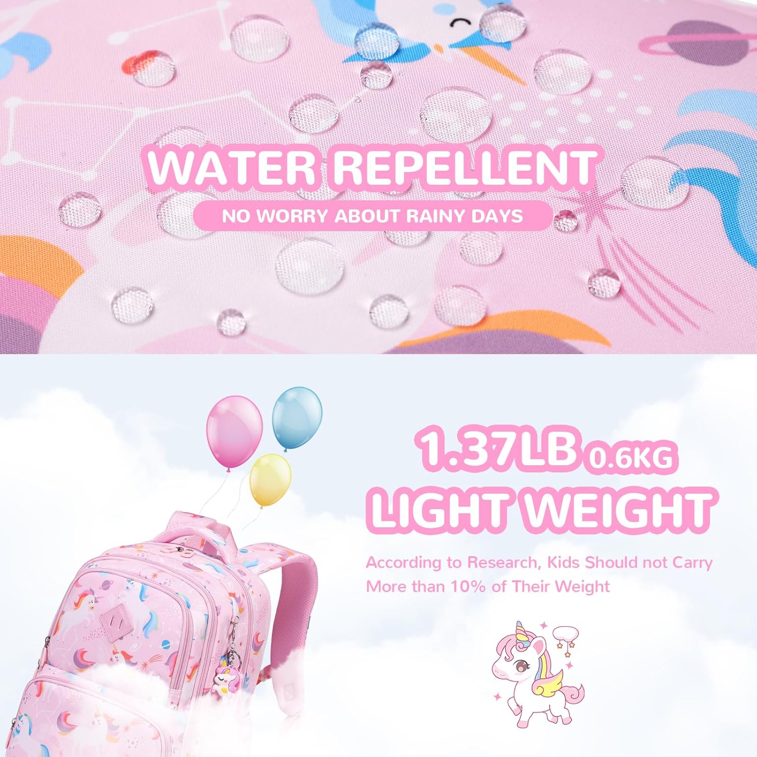 Unicorn Kids Backpacks, Girls Elementary School Backpack, Lightweight Kindergarten Bookbag, Water Resistant Pink Girls Backpacks - Image 6