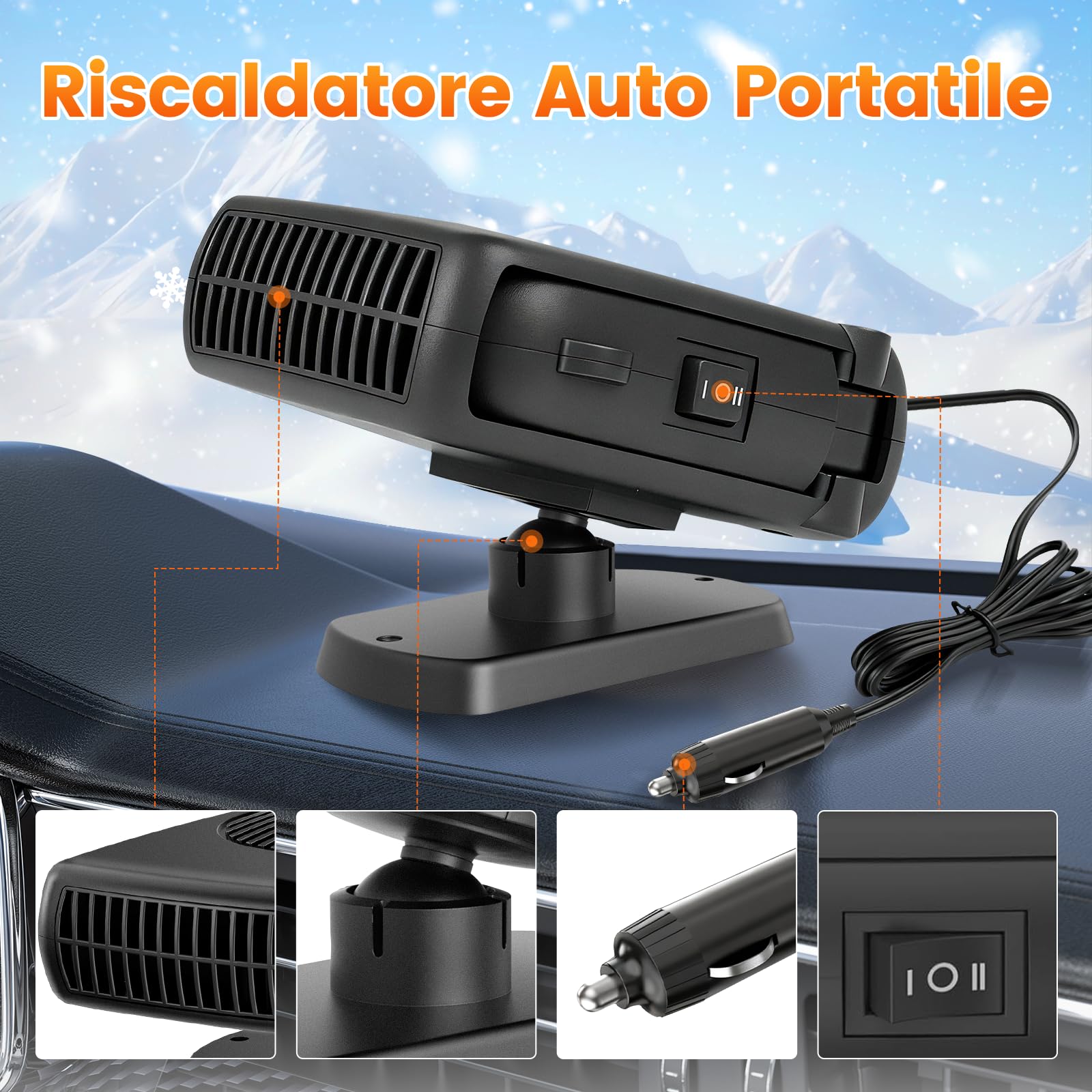 Blytra Riscaldatore Auto 12V Accendinio, 200W Riscaldatore Rapido & Sbrinatore, Ventilatore 360° per Interni, Riscaldatore per Auto 12V Portatile per Vetture, Camper (Nero)