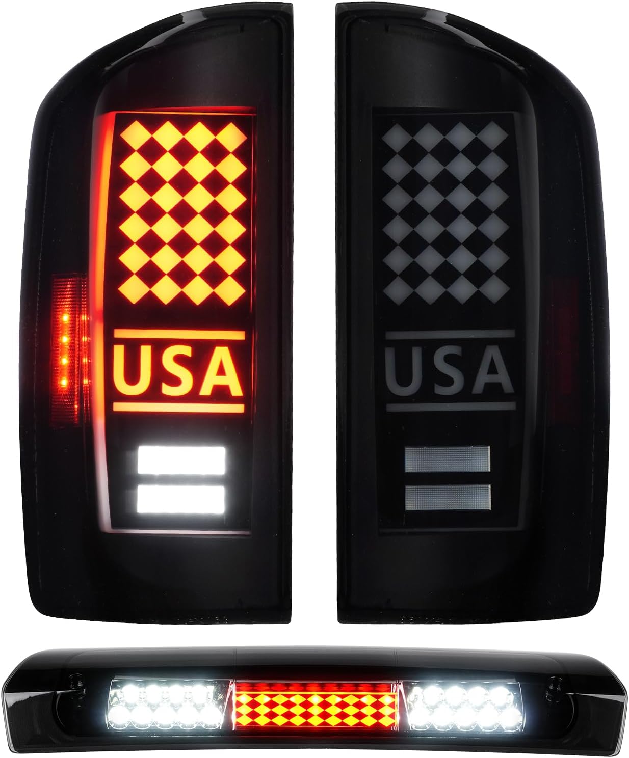 LED Tail Light + 3rd Third Brake Cargo Lamp for Dodge RAM 1500 2007-2008, for RAM 2500 3500 2007-2009, High Mount Stop Light Rear Taillight Assembly, 55277302AC, 55277303AC