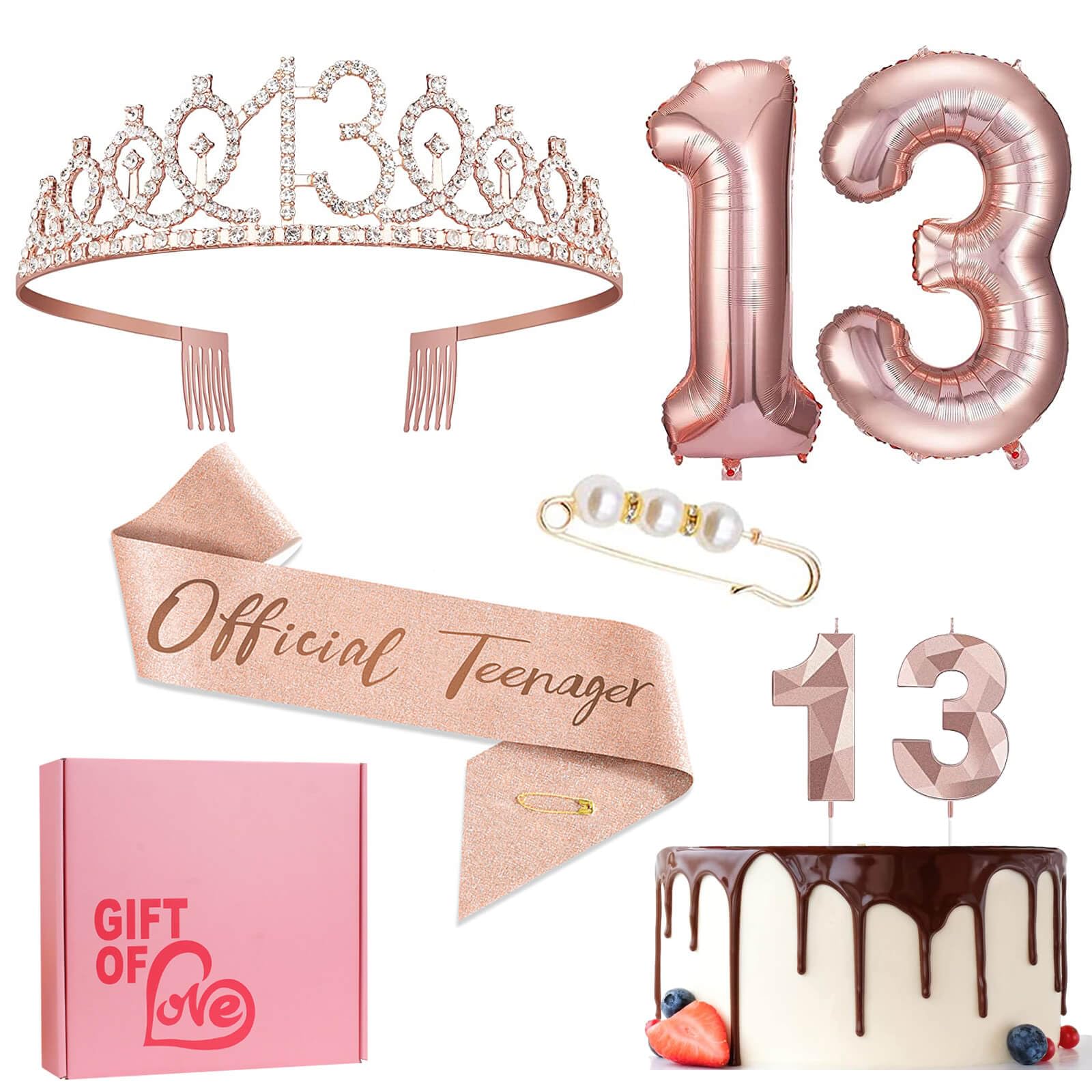 Photo 1 of 13th Birthday Decorations for Girls, Includes 13th Tiara Crown, Birthday Queen Sash with Pearl Pin, Number Candles and Balloon Set, Rose Gold, 7 pcs.