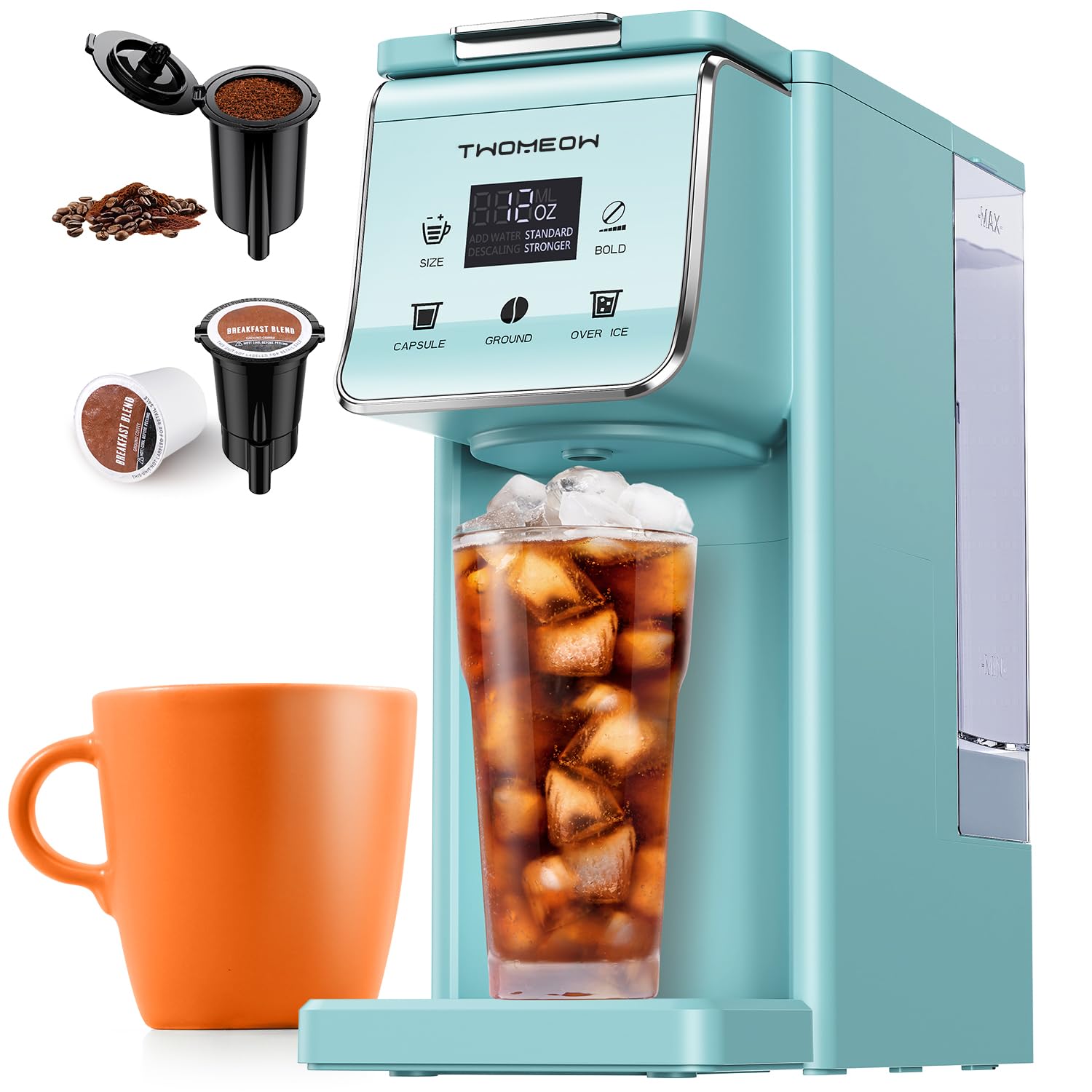 K Cup Coffee Maker With Bold Setting, Single Serve Hot &amp; Iced Coffee Maker for K-Cup and Grounds, 52oz Removable Water Tank, 6 to14oz Brew Sizes, Pod Coffee Machine With Reusable Filter, Blue