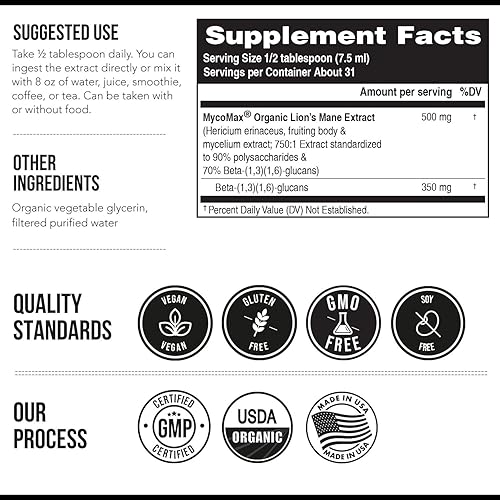 Miniatura 7 de MycoMax - Extracto de melena de leones, 70% beta-glucanos, suplemento orgánico de melena de leones de máxima potencia, cultivado en Estados Unidos +
