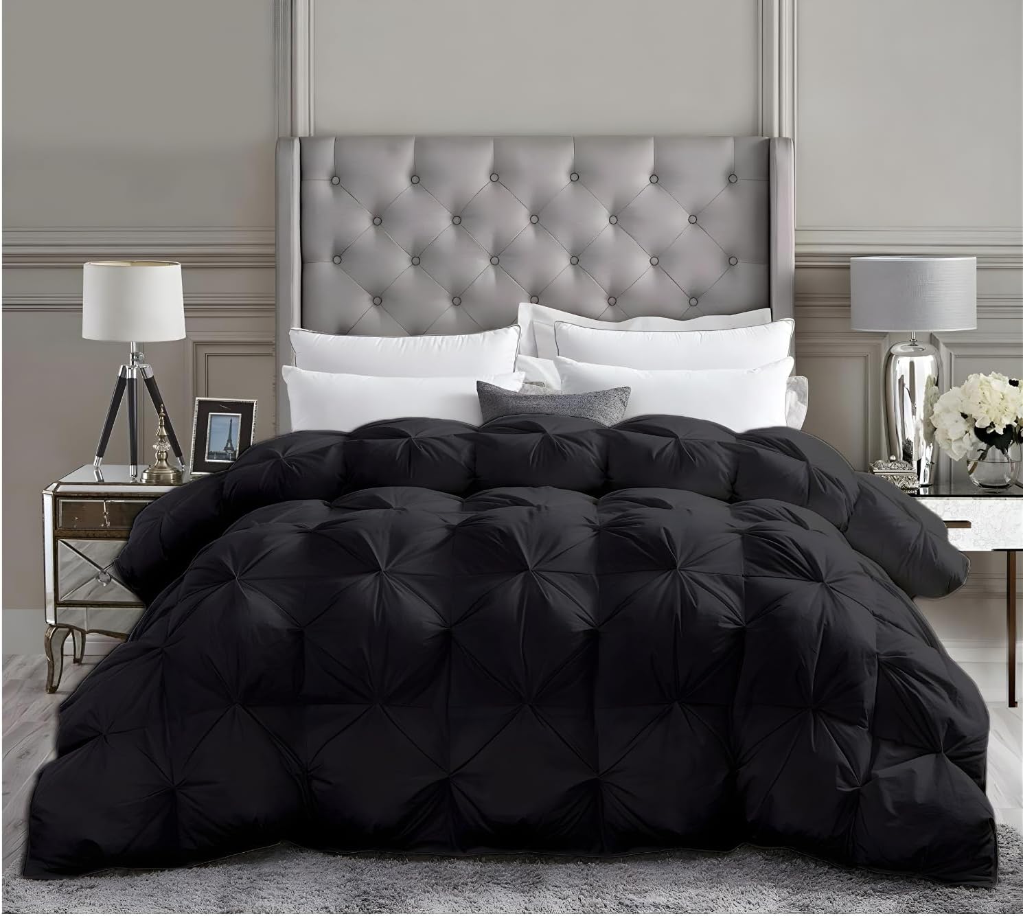 Grand Size Down Alternative Comforter 106x106 Inch Black – 500 GSM Ultra Soft Breathable, Luxury Pintuck Pinch Pleat, All Season Duvet Insert with Corner Tabs, Machine Washable