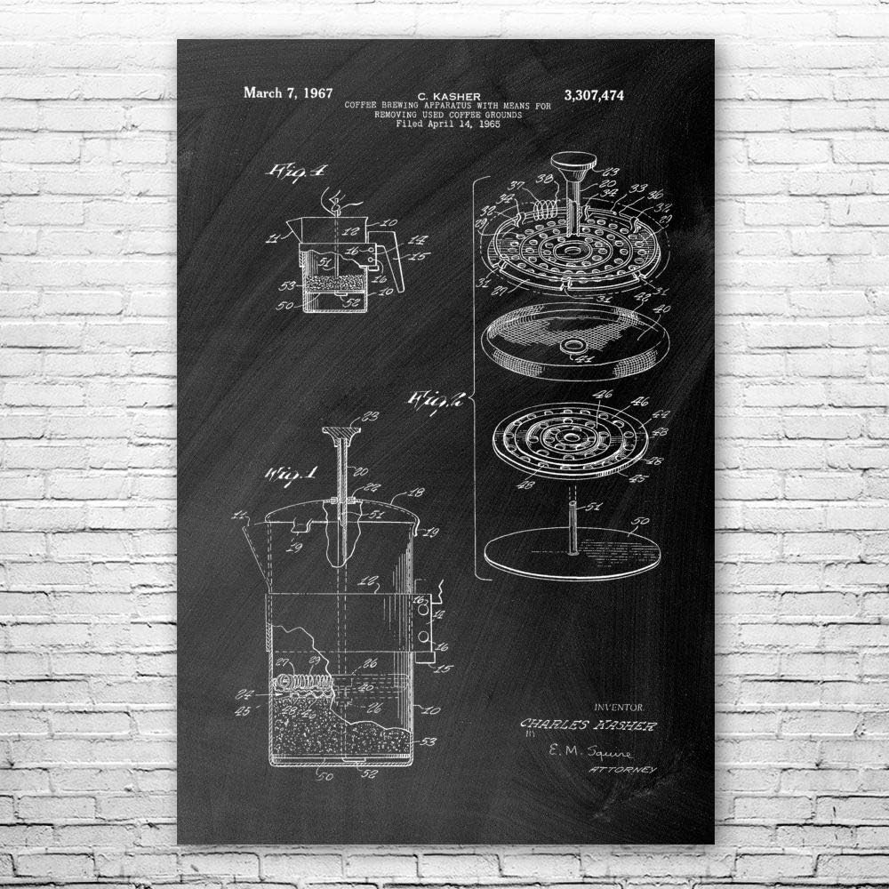 French Press Poster Print, Coffee Shop Art, Barista Gift, Kitchen Wall Art, Coffee Lover Gift, Coffee Blueprint Blueprint (12 inch x 16 inch)