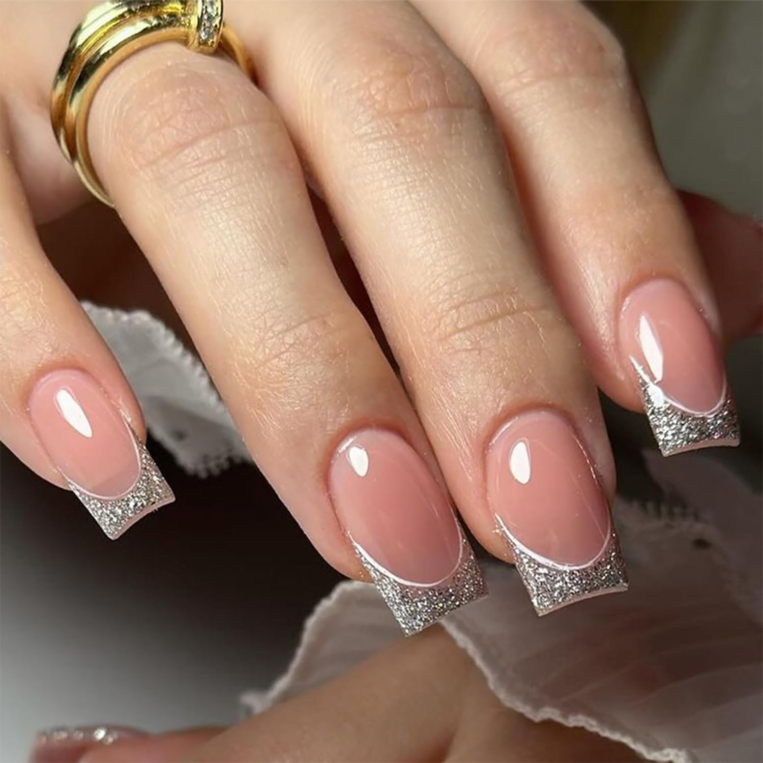 Silver French Tip Press on Nails Medium Square Fake Nails Nude Pink False Nails Stick on Nails Glitter French Glue on Nails Design Full Cover