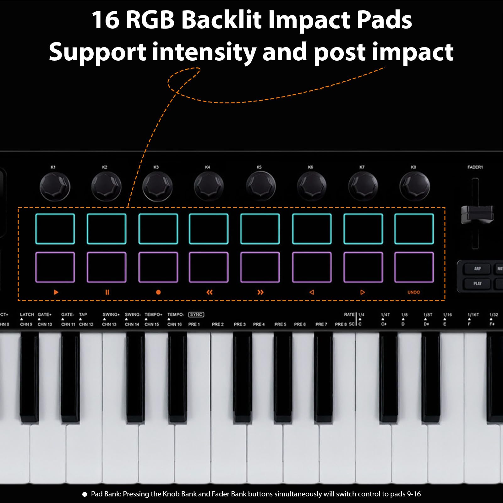 Asixxsix Controlador de teclado MIDI de 37 teclas, 16 pads de batería retroiluminados RGB, teclado dinámico profesional Bluetooth, 8 perillas y producción musical para producción