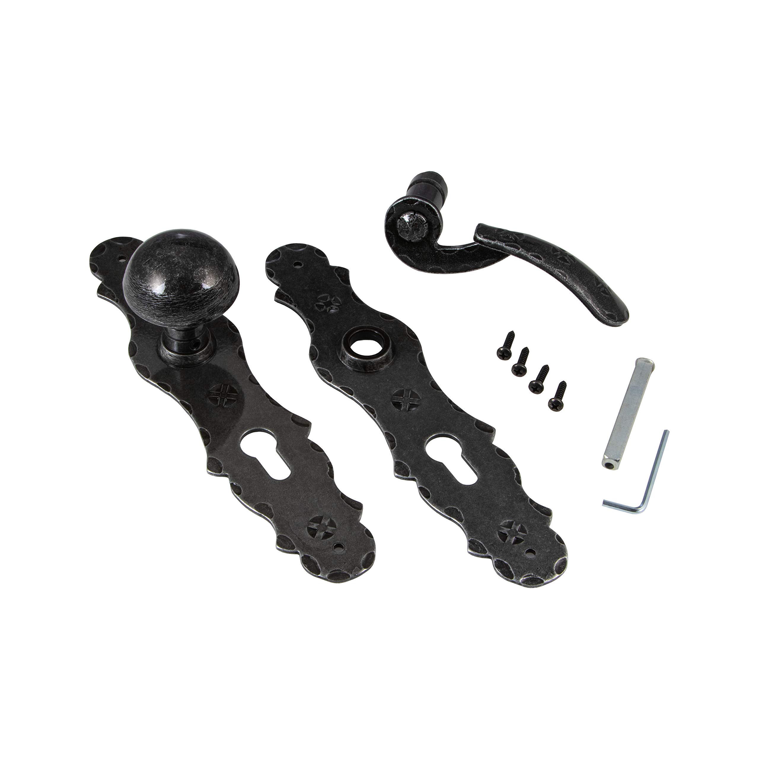 GedoTec Cortina de intercambio BOTÓN PULSADOR Herraje puerta Manijas de puerta en Placa larga Modelo BERN Antiguo Hierro forjado PZ 72 mm Izquierda Pomo puerta pintado de negro/plata patinado - rechts