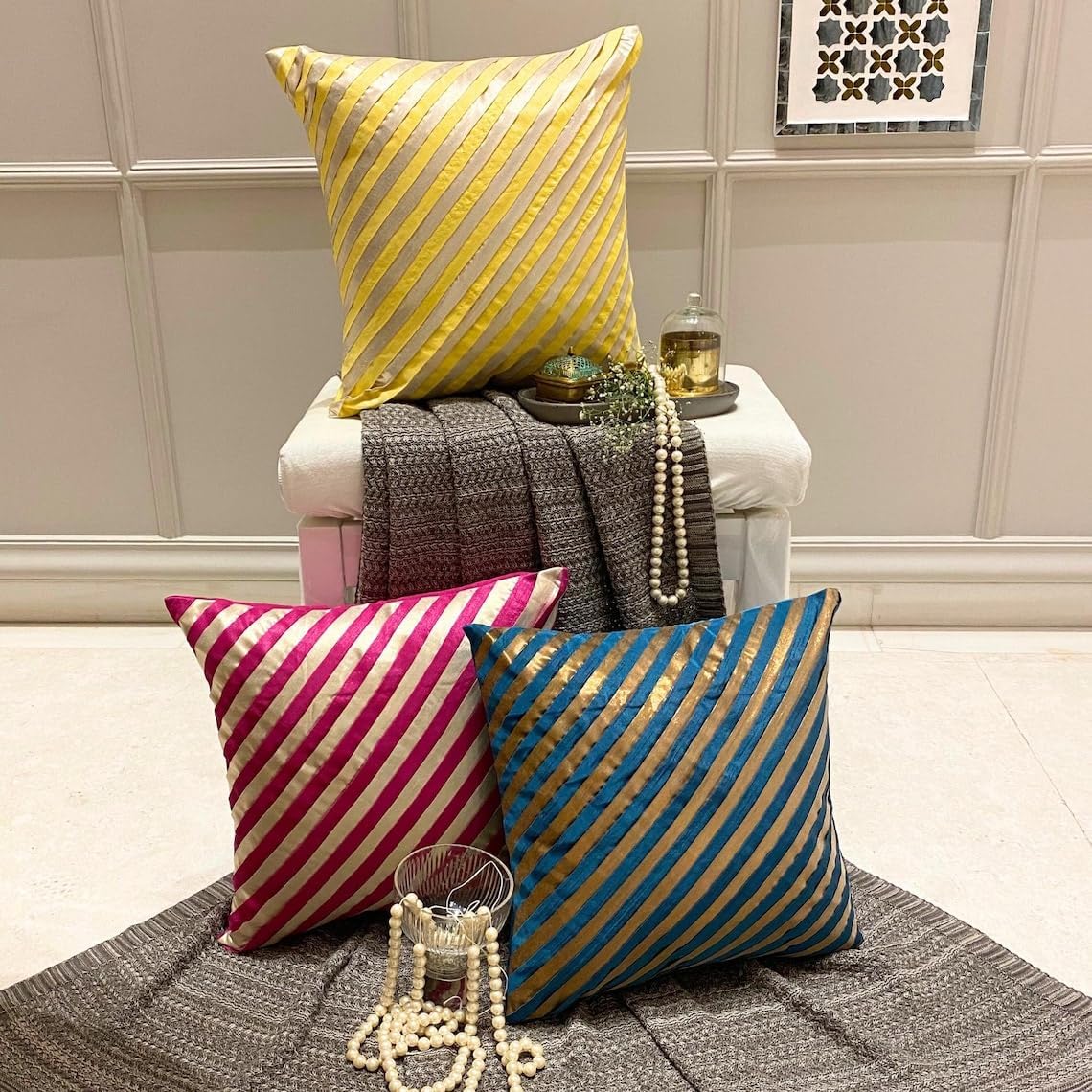 The HomeCentric Pillow Covers, Teal Blue Pillowcases 16x16 inch (40x40 cm) Silk Throw Pillow Covers, Striped, Pintucks, Textured, Striped, Modern Cushion Cover Easter - Unfolding Teal Copper