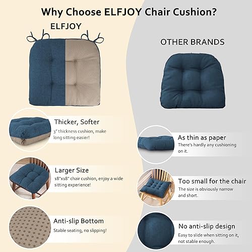 Miniatura 4 de ELFJOY Juego de 4 cojines para sillas de comedor, 18 x 18 x 3 pulgadas, cojines para sillas de cocina, cojines de asiento suaves y cómodos con lazos
