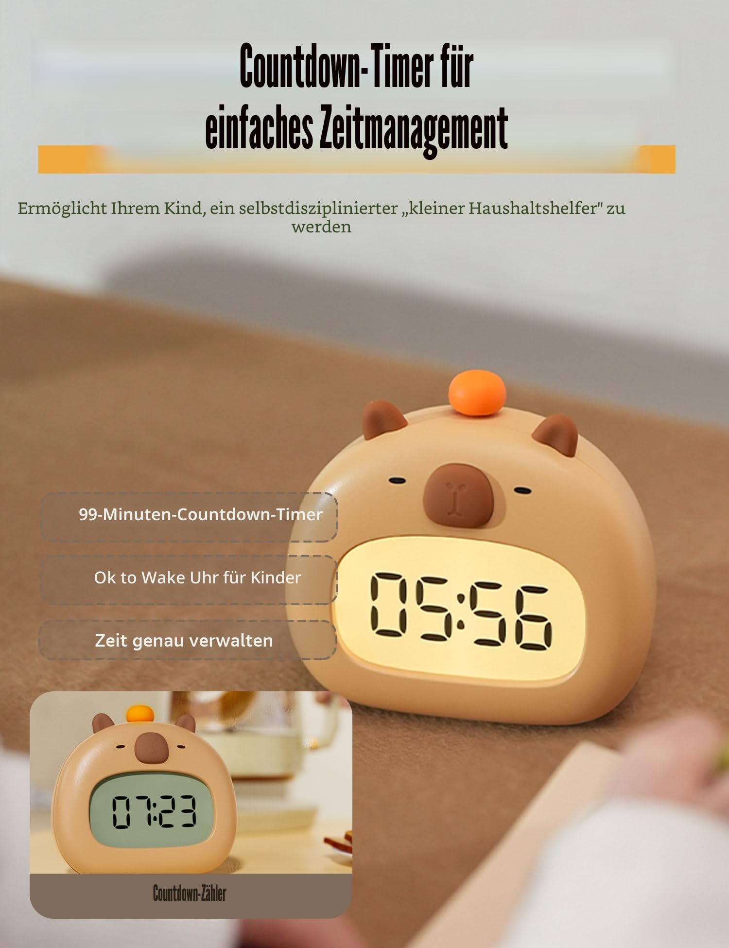 IHALO Capybara Kinderwecker mit Nachtlicht, Wecker Digital Kinder, Ok to Wake 3 Alarme, Snooze und Timer, Wiederaufladbar für Schlafzimmer Schreibtisch Reisen Dekoration Babyzimmer Jungen und Mädche