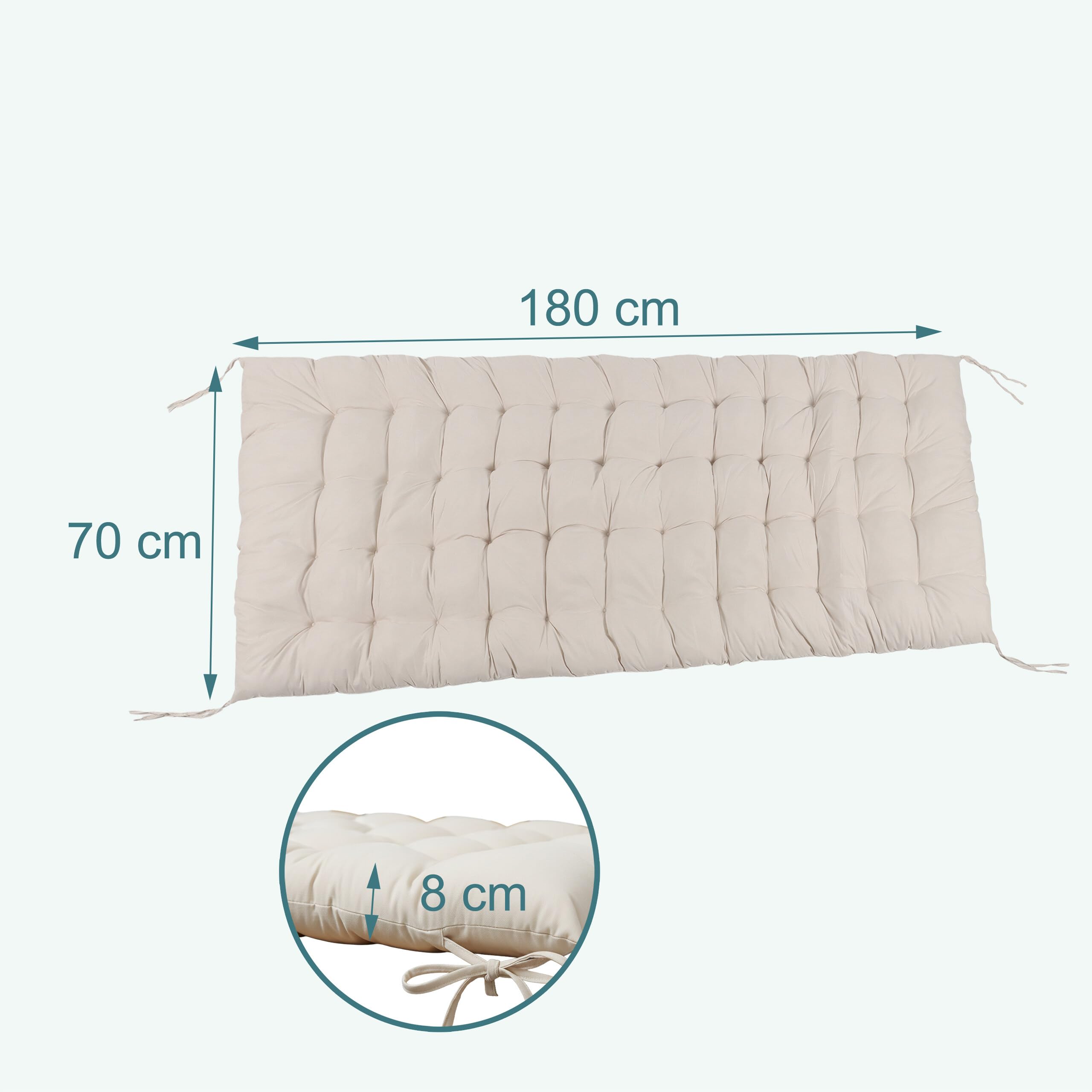 Relaxdays Cuscino Imbottito Trapuntato per Panca e Pallet, 180x70 cm, con Lacci, da Esterno, Beige