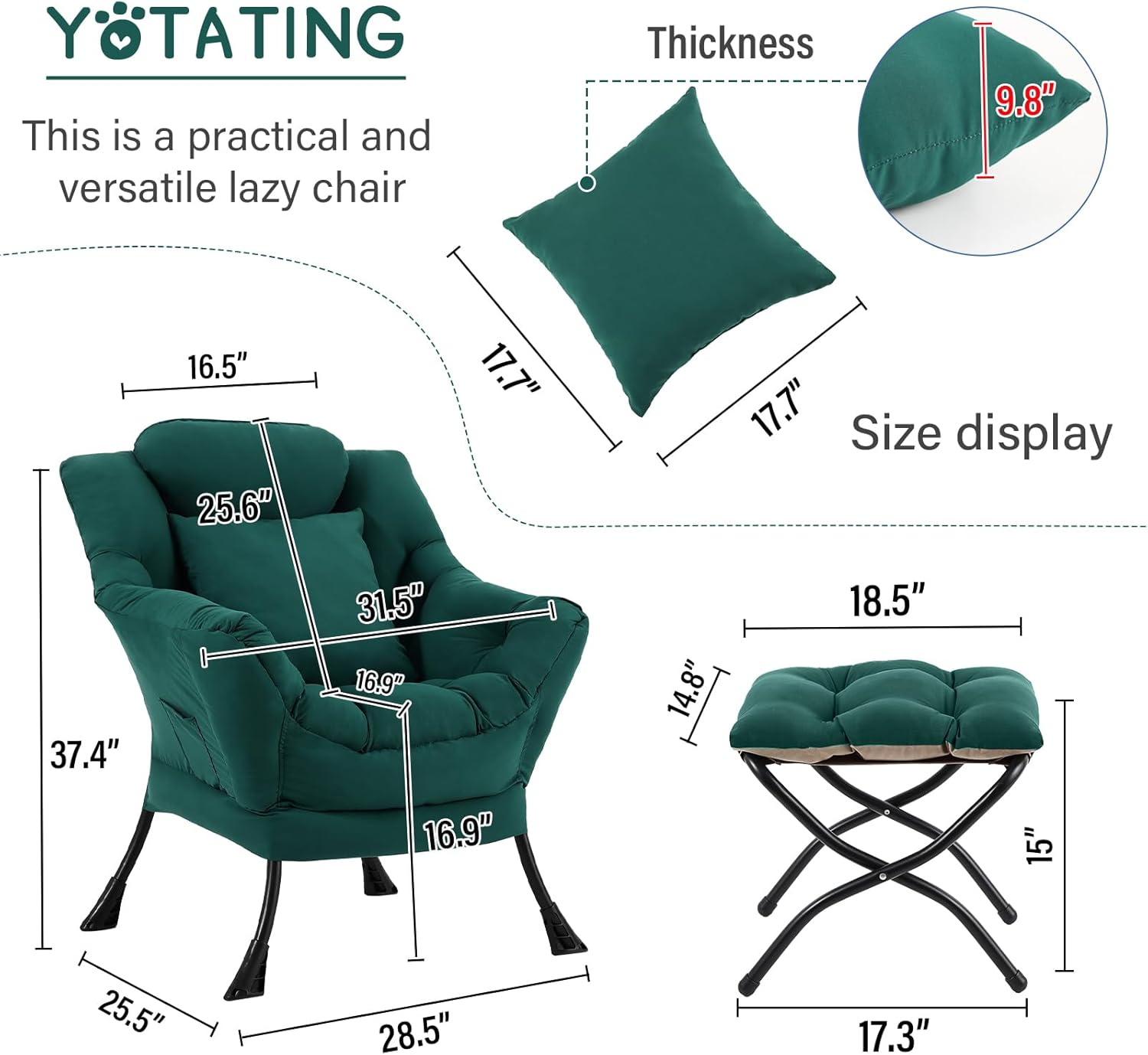 Lazy Chair with Ottoman, Comfy Reading Chair with Footstool & Pillow Modern Lounge Chairs with Armrests & Side Pocket for Living Room, Bedroom, Dorm Room，Dark Green