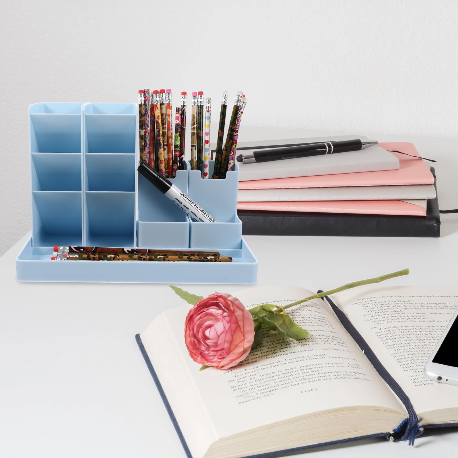 Portalápices y de Abs Vertical Azul Compartimentos Variados Organizador de Bolígrafos y Papelería Espacio de Trabajo Elegante y Funcional para Oficina, Escuela