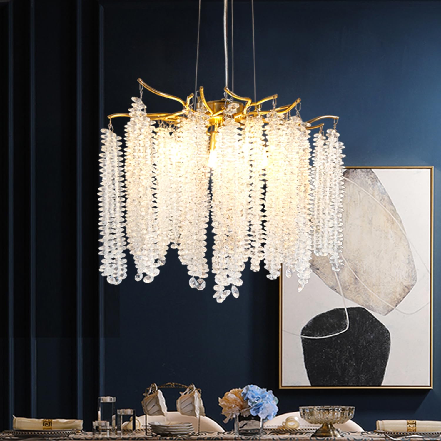 MSSIAN Gold Tree Branch Crystal Chandelier 15.7 Inch 5-Light G9 Dimmable Pendant Light for Dining Room Living Room Entryway