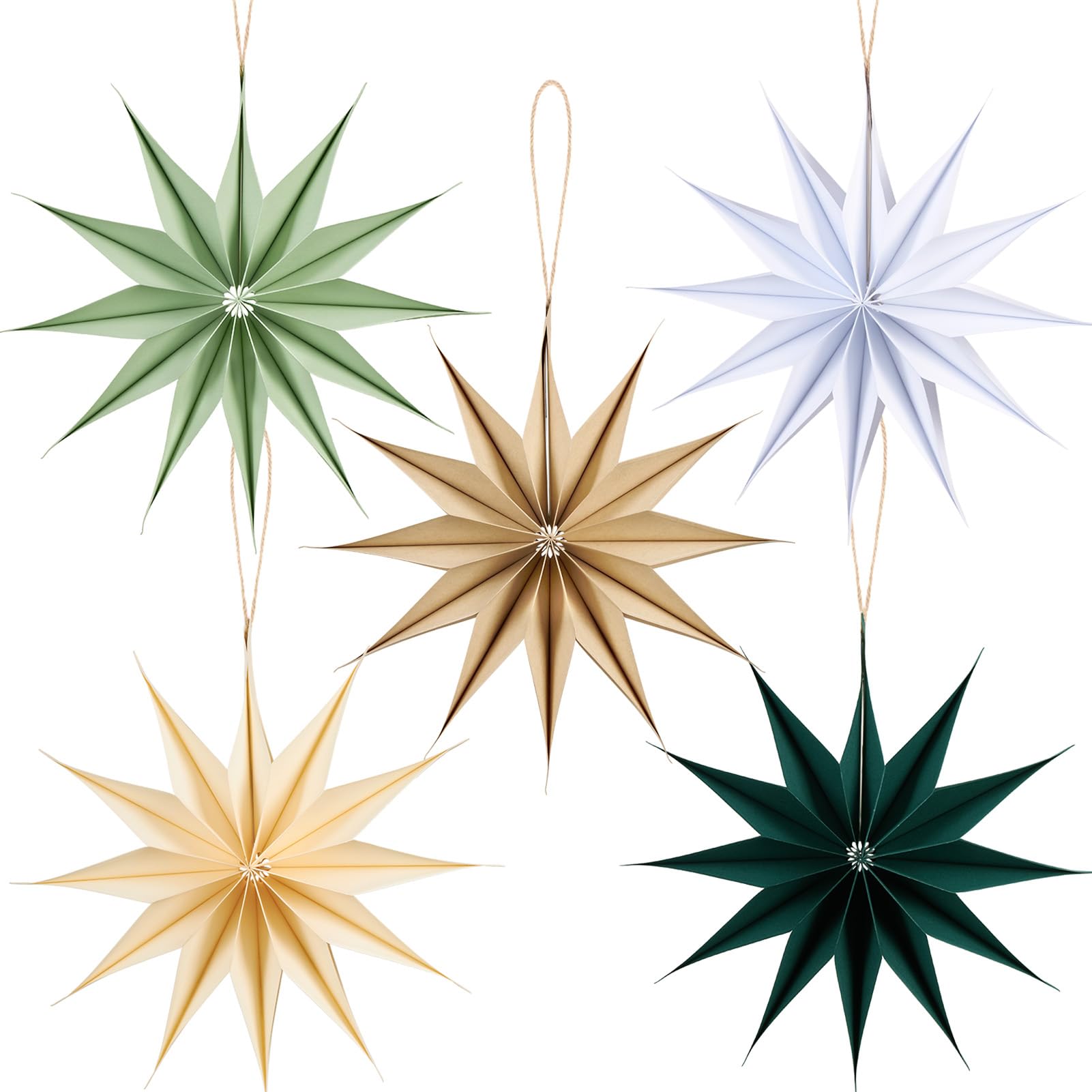 EASY JOY 5PCS Paper Stars Lantern, Sage Green Christmas Star Hanging Decorations 12-Pointed Vintage Christmas Ceiling Decorations Ornaments for Winter Xmas Holiday Party Home Office Decor
