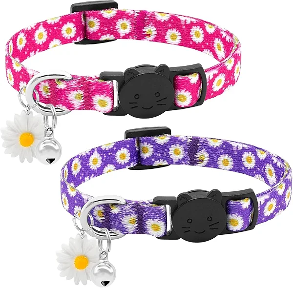 BiPawTi 2X Daisy Cat Collar with Bell & Daisy Charm, Cute Floral Kitten Collar - Soft Cotton Breakaway Cat Collars, Safety Quick Release Buckle Kitty Collars for Cats Kitten - Purple + Pink(2 Pack)