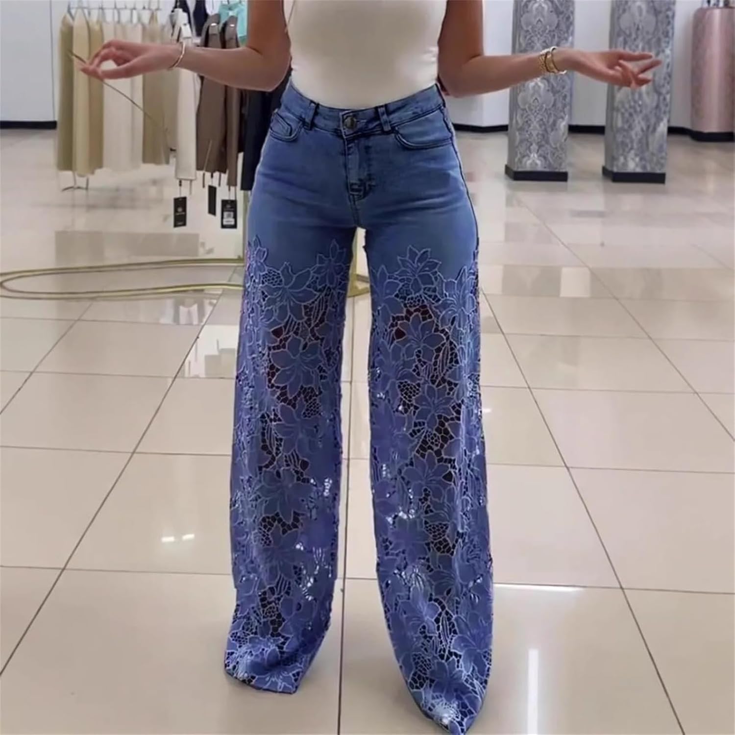 Women's Lace Patchwork Openwork Elegant Jeans, High-Waist Casual Vintage Baggy Straight Wide Leg Denim Pants
